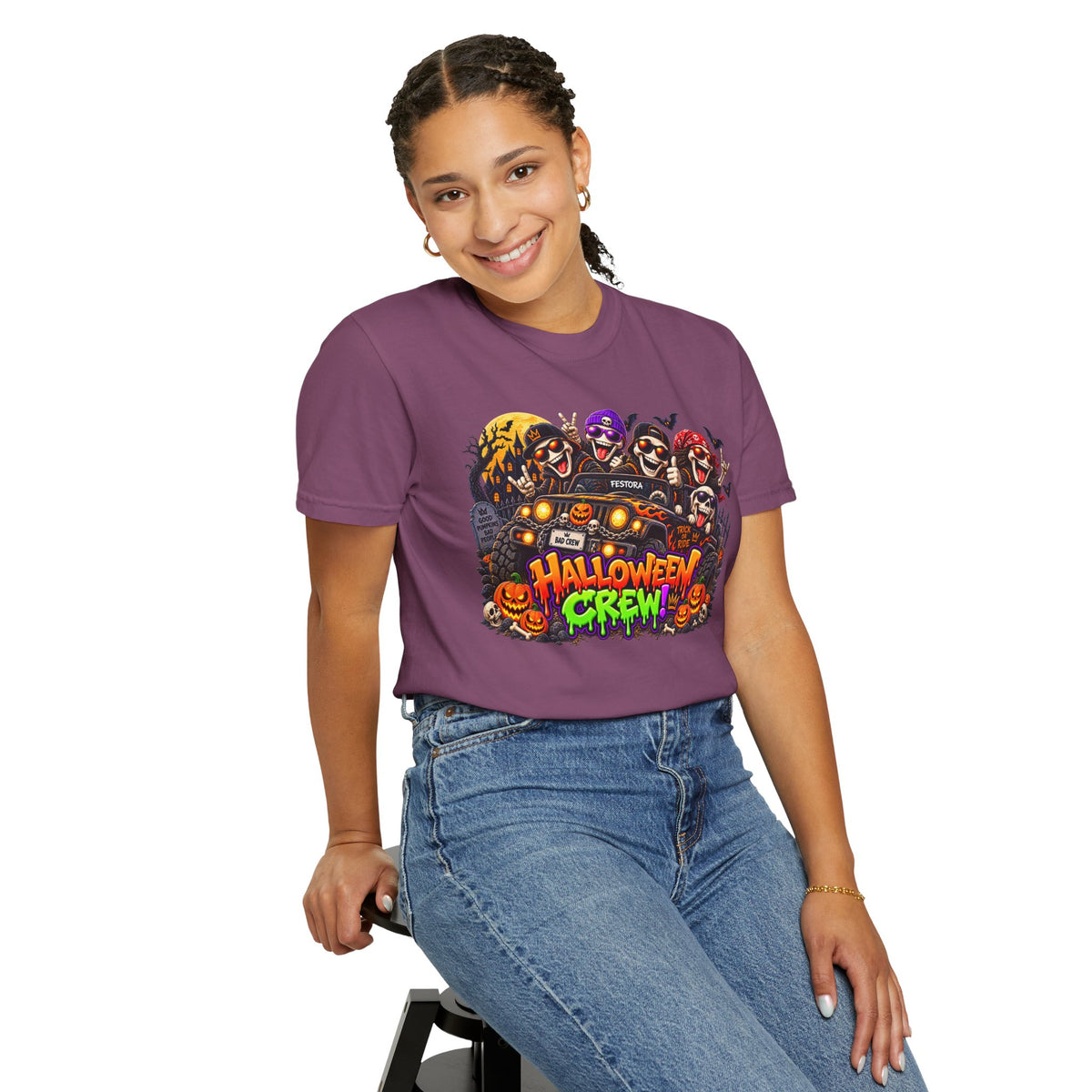 Halloween Crew T-Shirt – Skeleton Jeep Spooky Graphic Tee