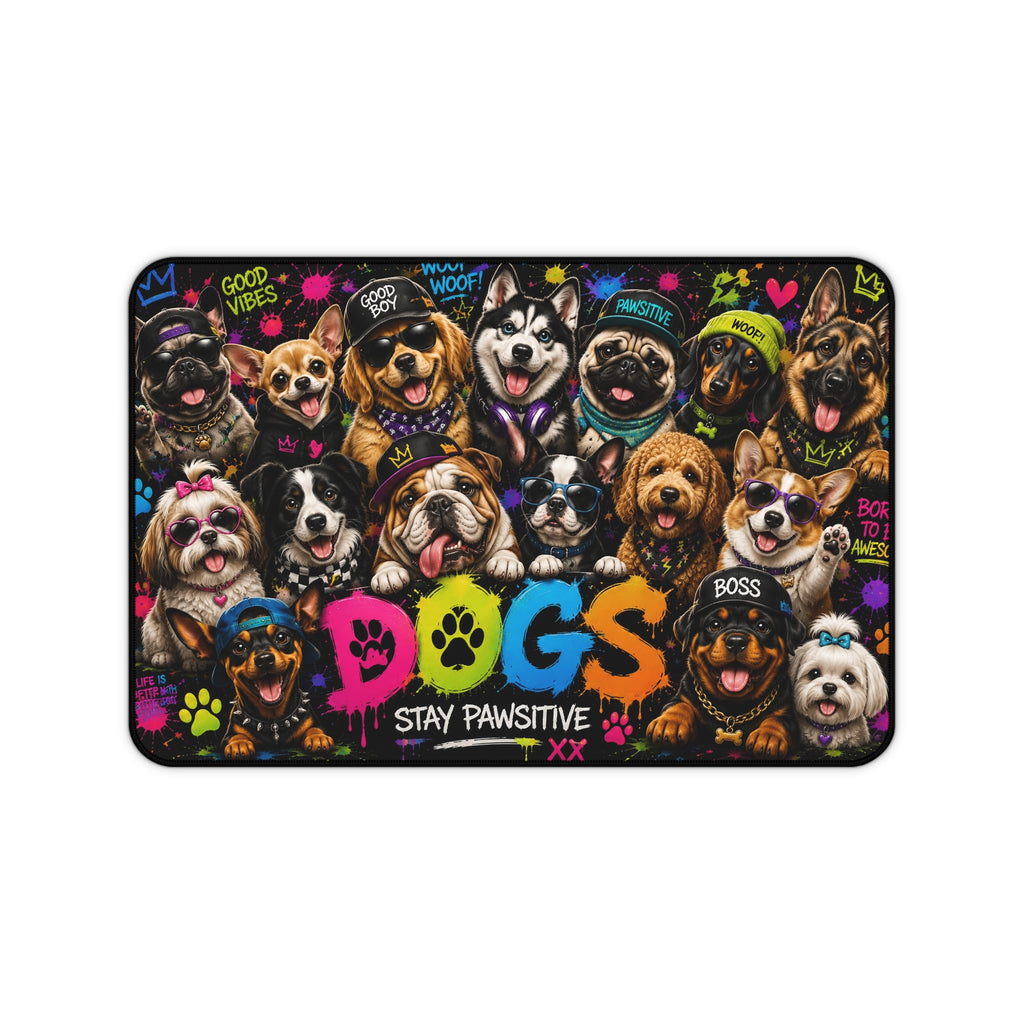 Dog Collage Desk Mat — 'Dogs Stay Pawsitive' Colorful Pet Office Mouse Pad