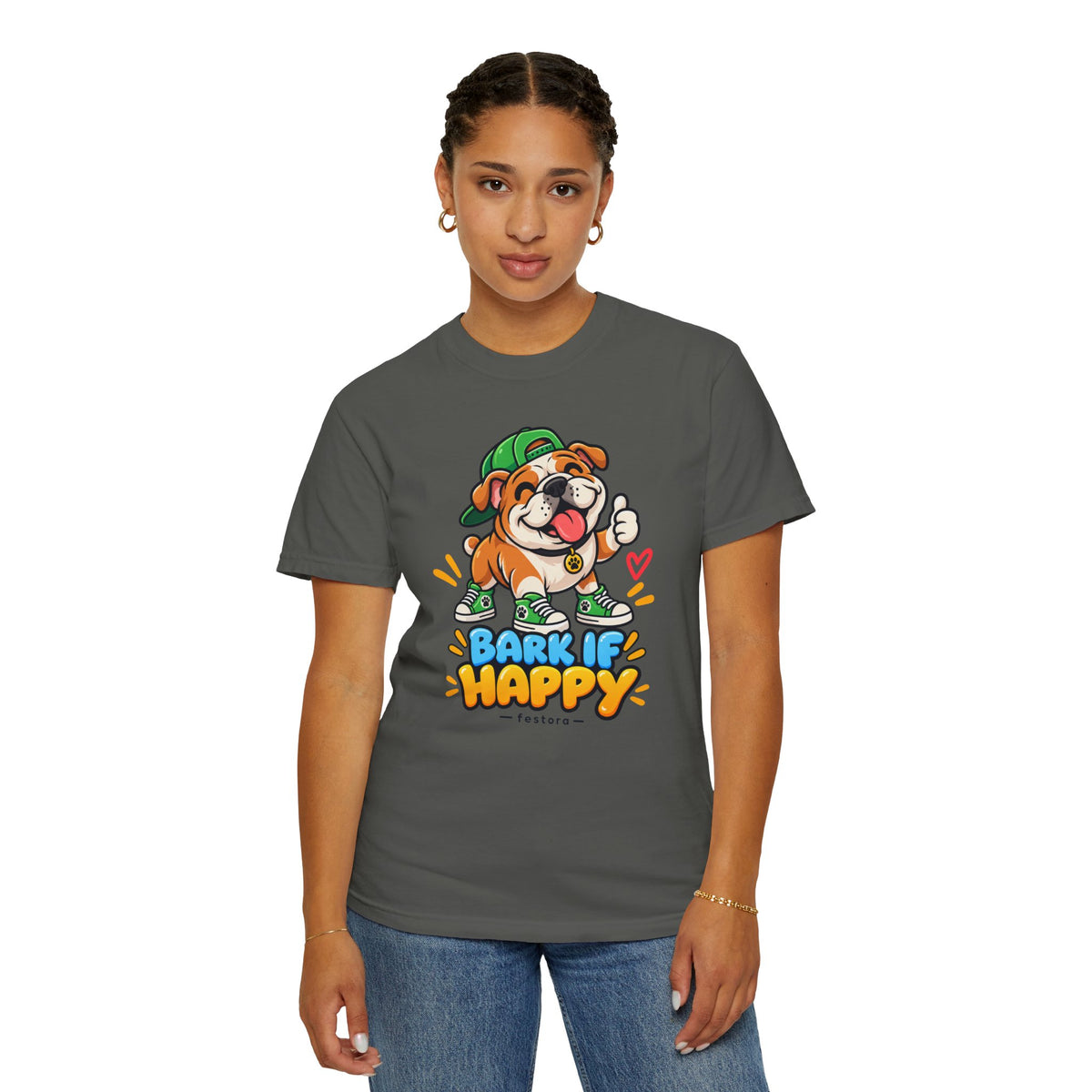 Bark If Happy – Cute Bulldog Graphic T-Shirt