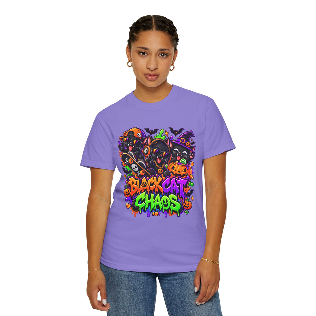 Neon Black Cat Halloween Chaos T-Shirt | Cute Spooky Cat Graphic Tee