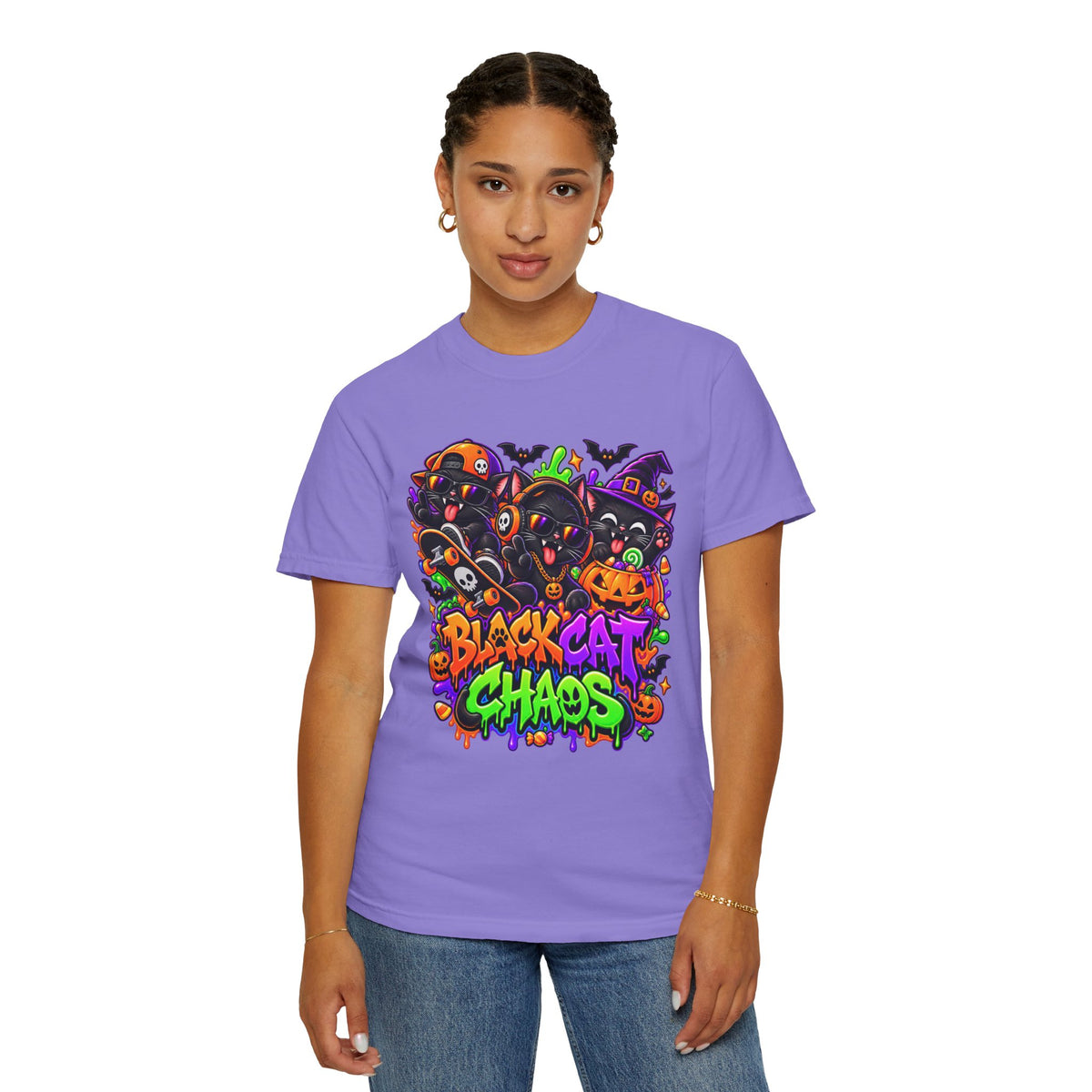 Neon Black Cat Halloween Chaos T-Shirt | Cute Spooky Cat Graphic Tee