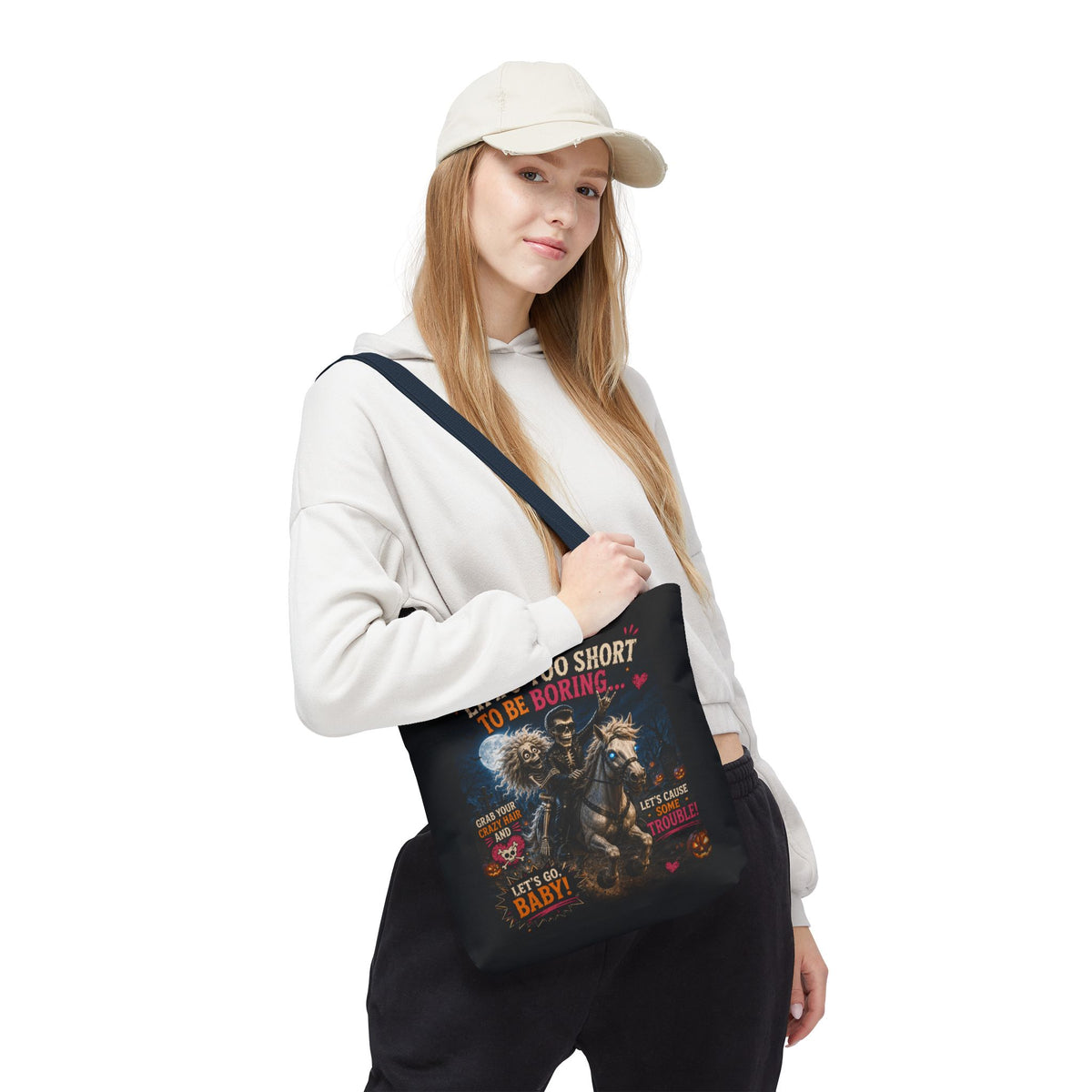 Life’s Too Short To Be Boring Tote Bag — Gothic Skeleton Rider Halloween Tote