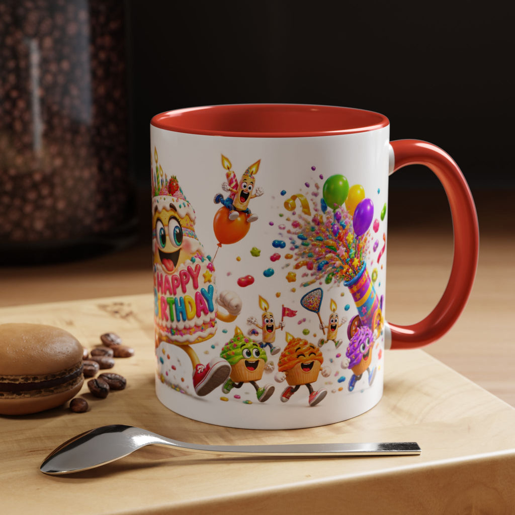Birthday Party Coffee Mug – Colorful Happy Birthday Cake & Balloon Design (11/15oz Accent Mug)