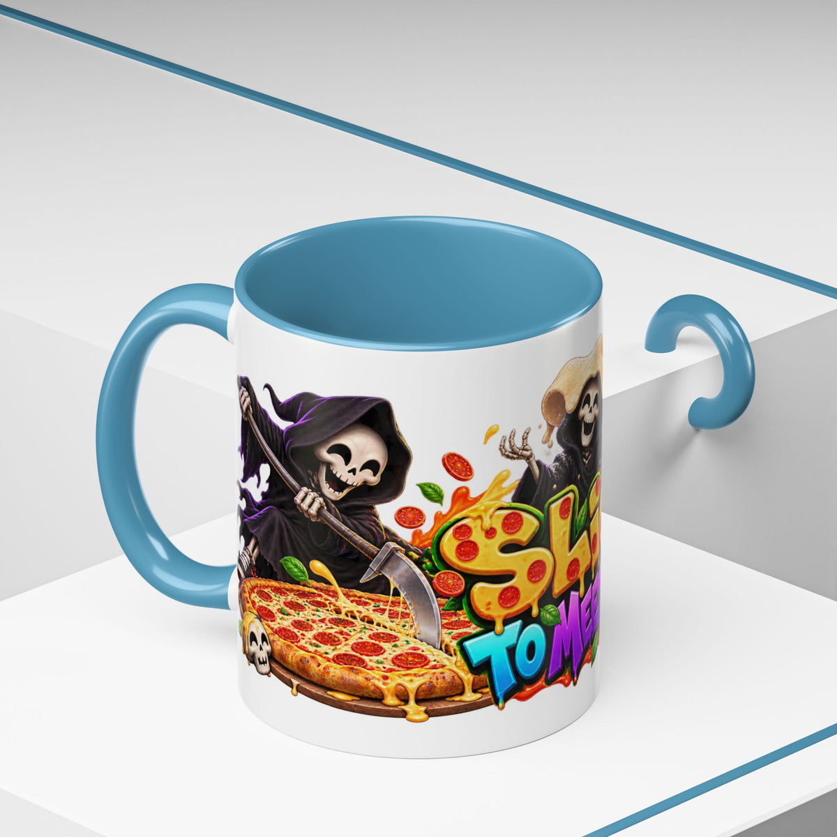 Slice to Meet You Funny Grim Reaper Pizza Halloween White Mug