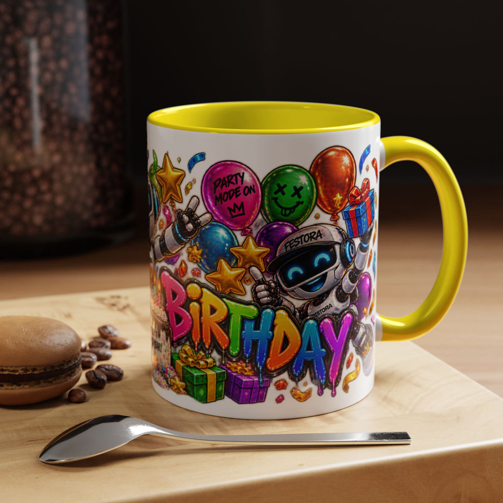 Birthday Robot Coffee Mug — Colorful Happy Birthday Accent Mug (11oz)