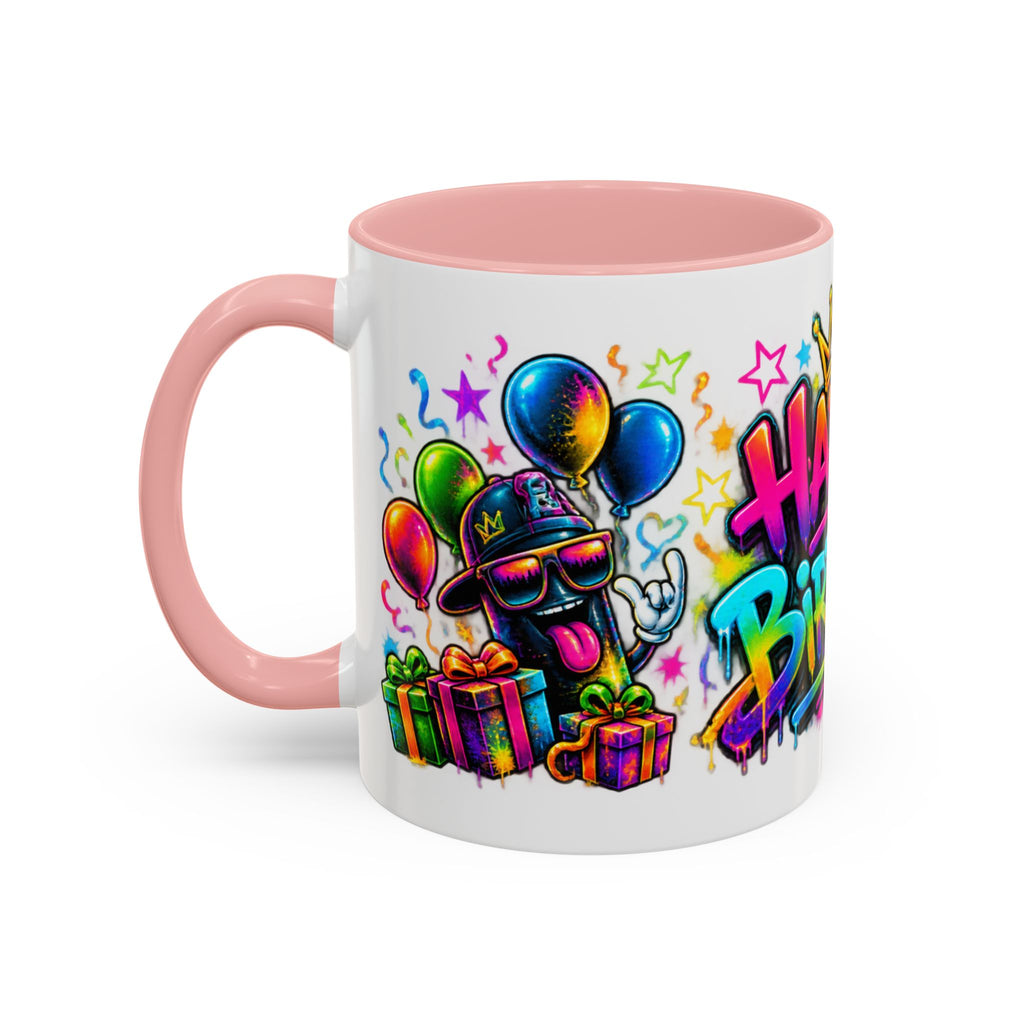 Happy Birthday Accent Coffee Mug – Colorful Graffiti Cake & Balloons (11/15oz)