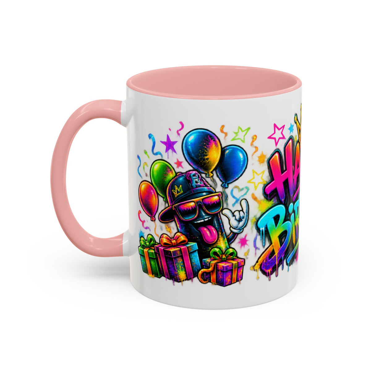 Happy Birthday Accent Coffee Mug – Colorful Graffiti Cake & Balloons (11/15oz)