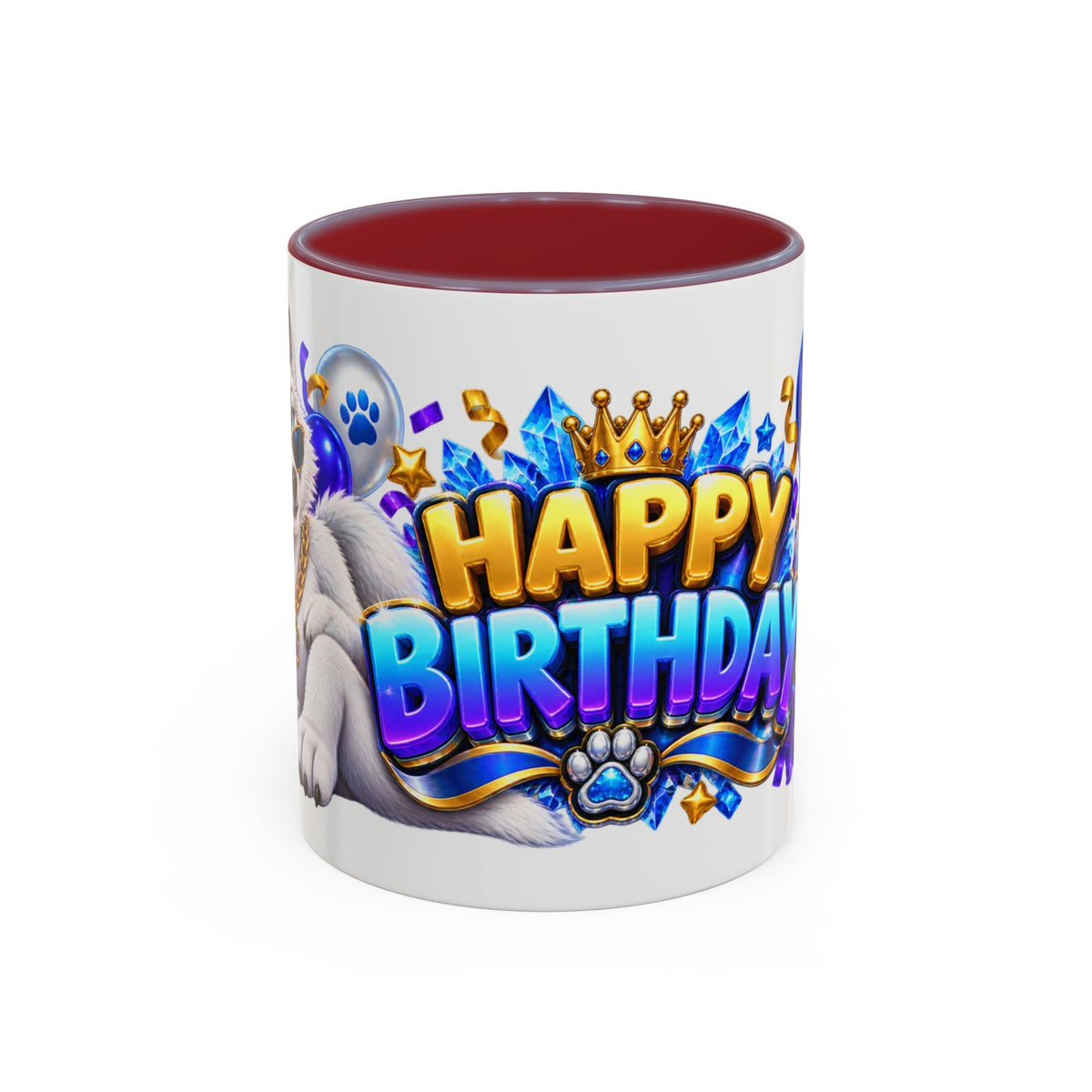 White Wolf Happy Birthday Mug – Blue Purple & Gold Birthday Gift – FestoraShop White Coffee Mug
