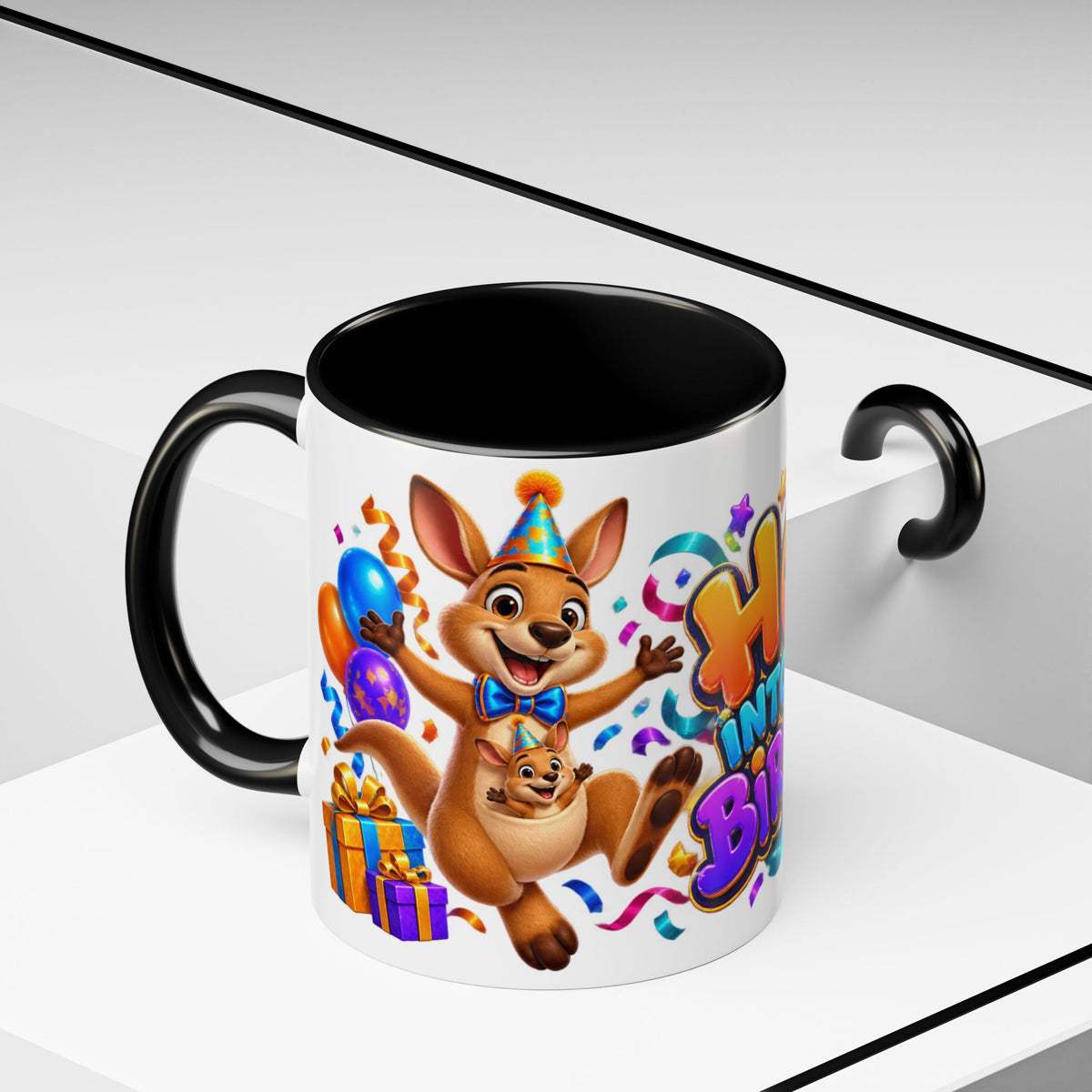 Hop Into Your Birthday White Mug – Cute Kangaroo Birthday Cup, Colorful Fun Party Gift