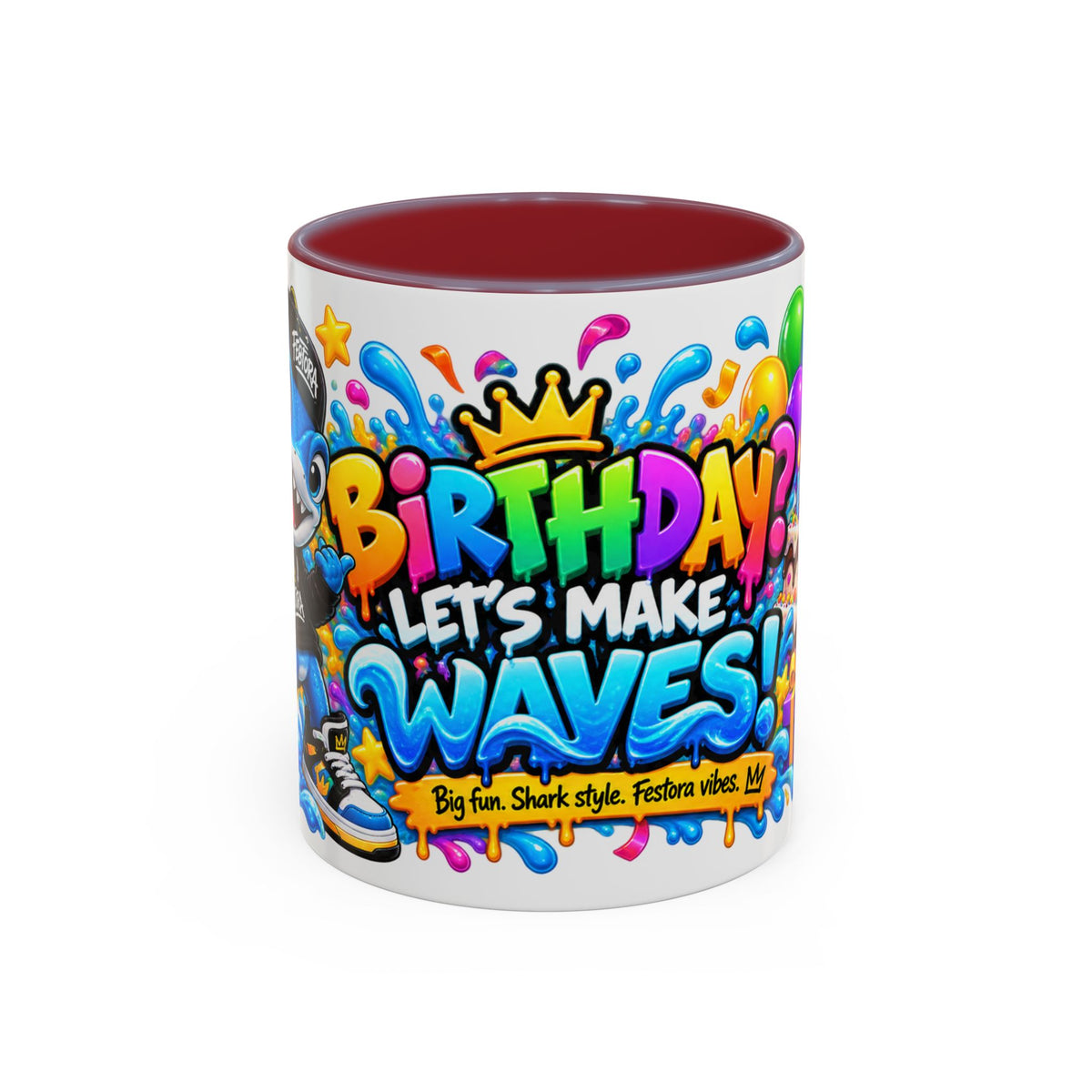 BIRTHDAY? LET’S MAKE WAVES! White Ceramic Mug – Funny Shark Birthday Coffee Cup – Original FestoraShop Design
