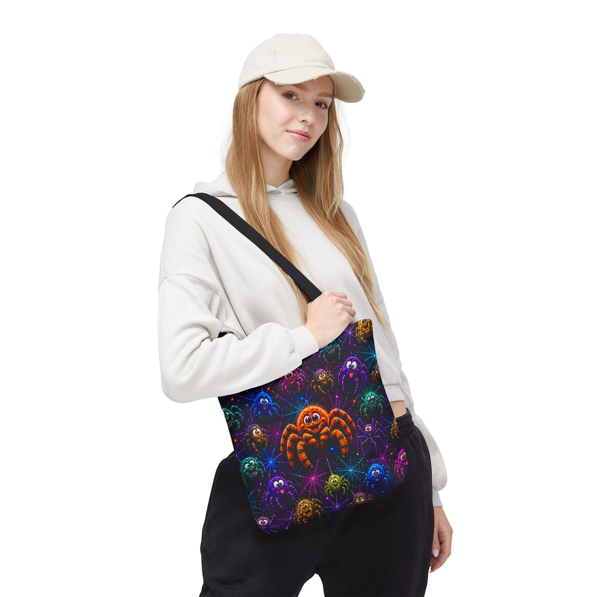 Colorful Crazy Spiders Halloween Tote Bag – Cute 3D Spider Web Pattern