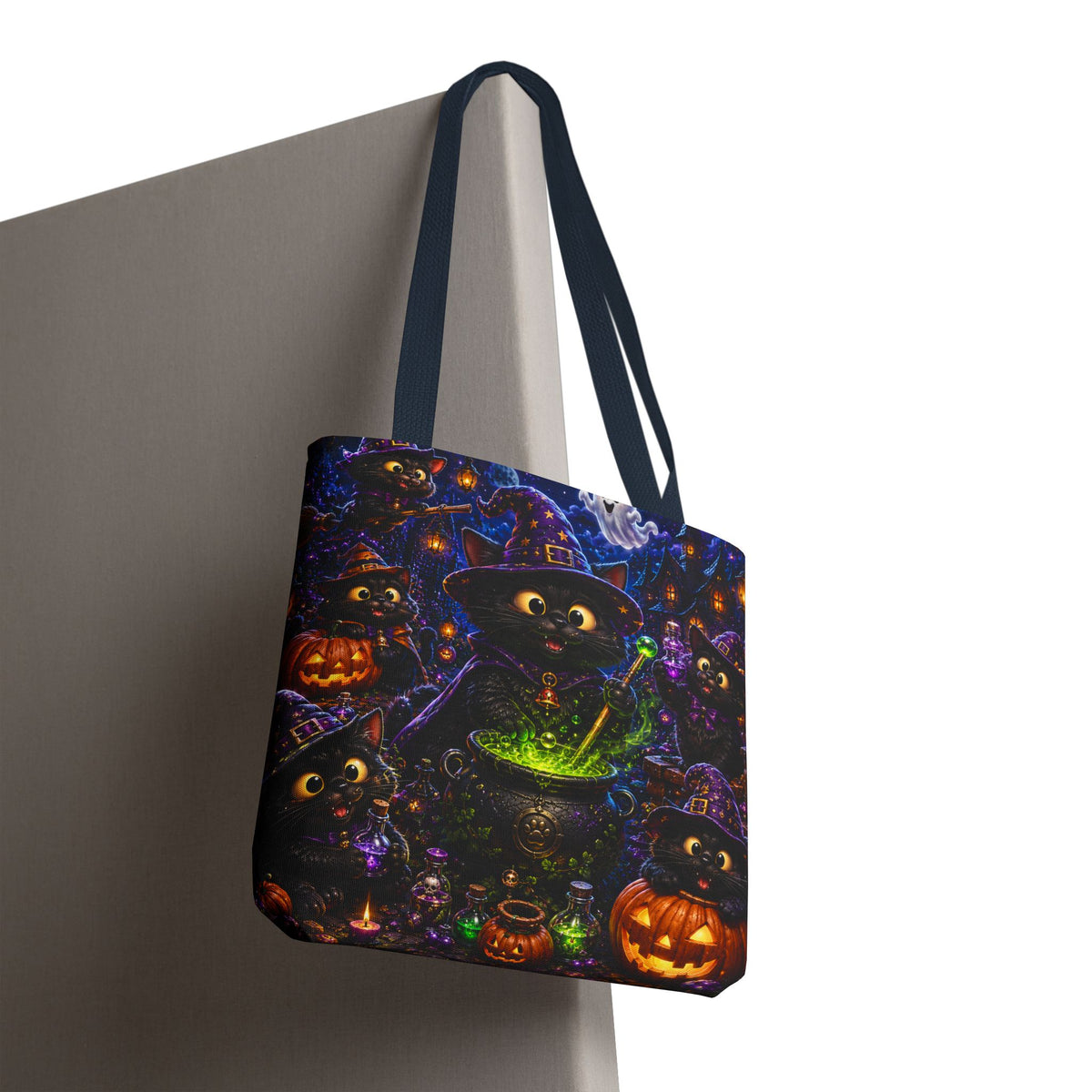 Halloween Black Cat Witches Tote Bag — Cute 3D Cats, Cauldron & Pumpkins Design