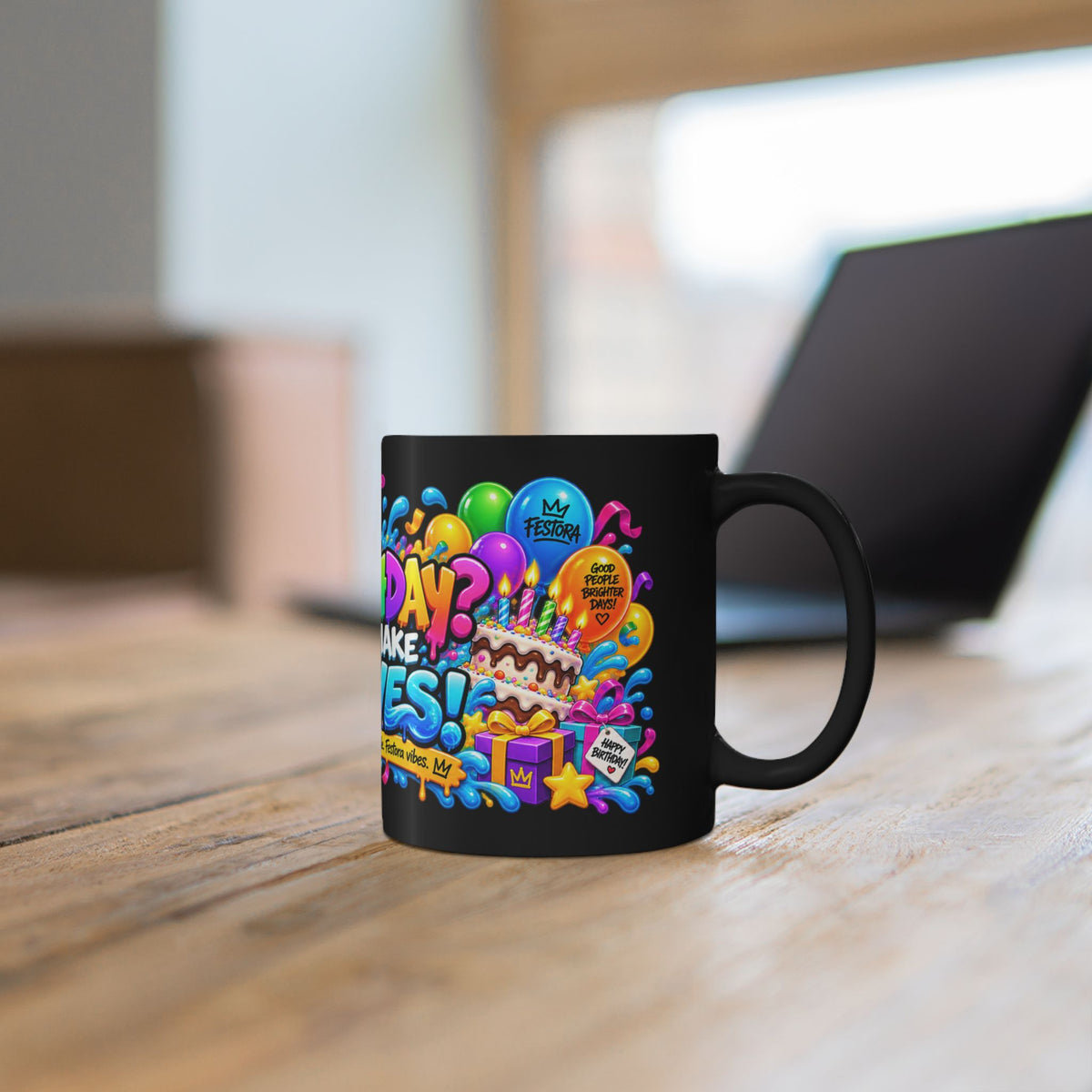 BIRTHDAY? LET’S MAKE WAVES! Black Ceramic Mug – Funny Shark Birthday Coffee Cup – Original FestoraShop Design