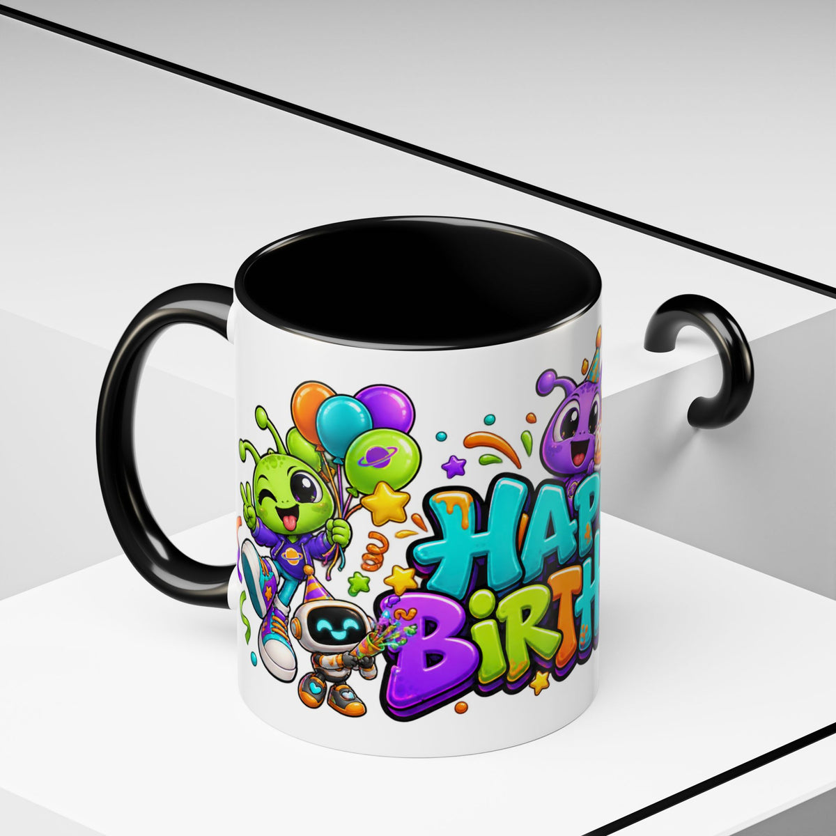 Happy Birthday Alien Mug – Colorful Space Party Cup with Cute Aliens & Robots