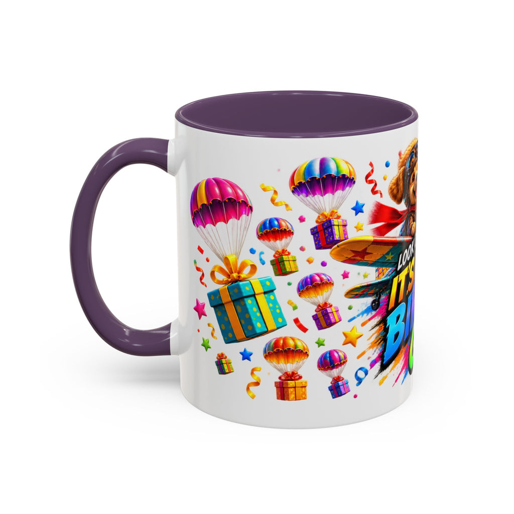 Birthday Gifts Coffee Mug — "It's Raining Birthday Gifts!" Colorful Accent Mug