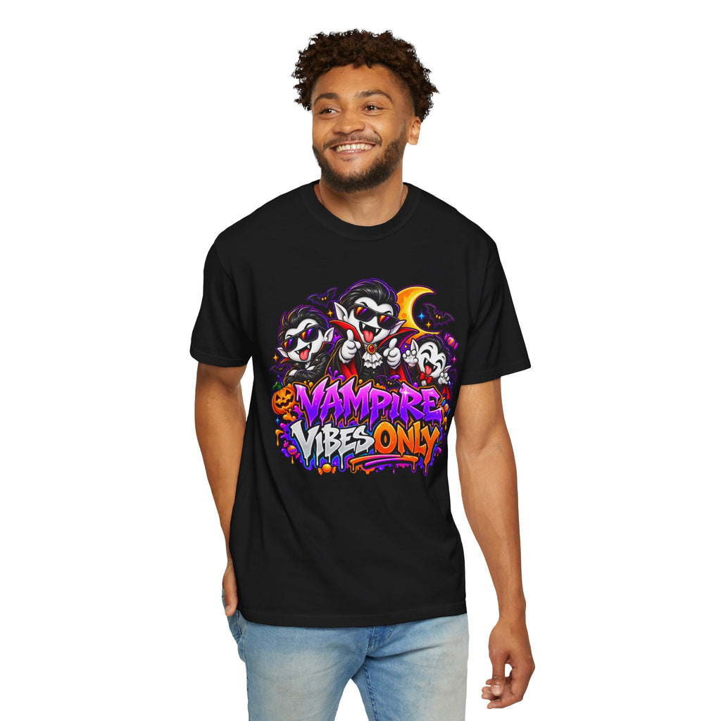 Neon Vampire Vibes Halloween Unisex Garment-Dyed T-Shirt Featuring a Cool Festora Vampire Crew