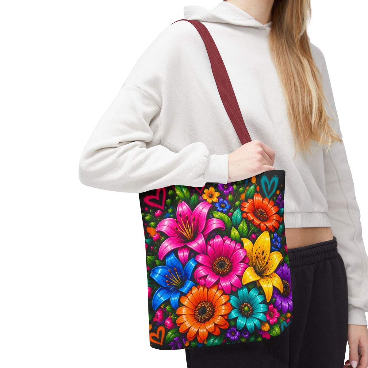 Festora Floral Burst Tote Bag — Colorful Flowers on Black