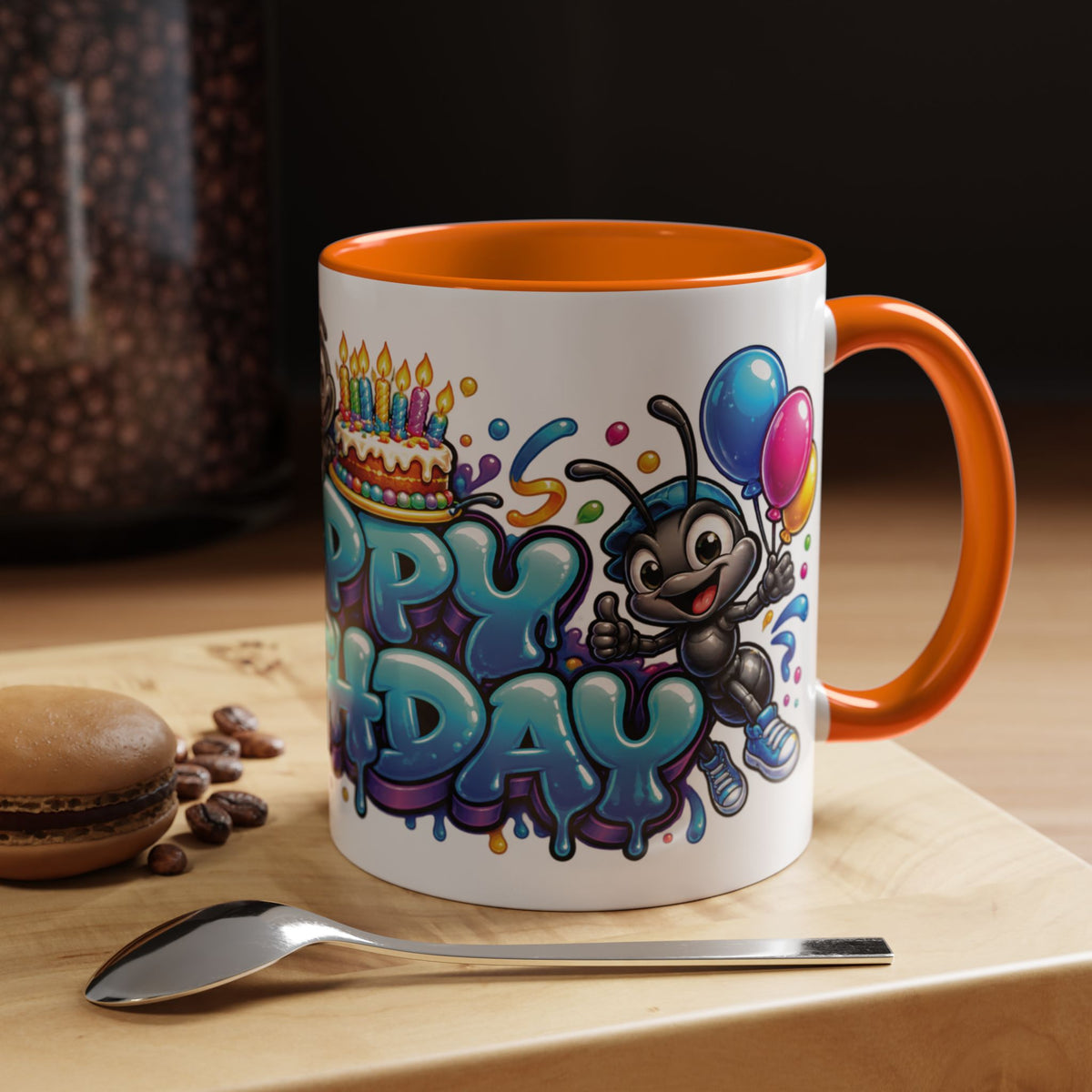Happy Birthday Cartoon Mug – Graffiti Ants, Birthday Cake, Balloons & Confetti Coffee Cup