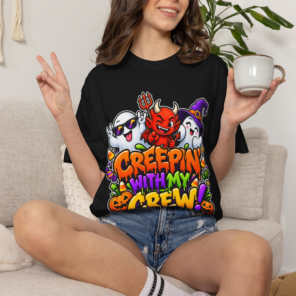 Creepin’ With My Crew Halloween T-Shirt – Colorful Funny Ghost & Devil Graphic Tee