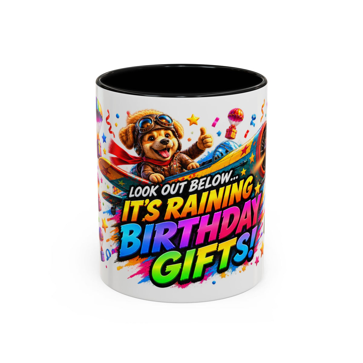 Birthday Gifts Coffee Mug — "It's Raining Birthday Gifts!" Colorful Accent Mug