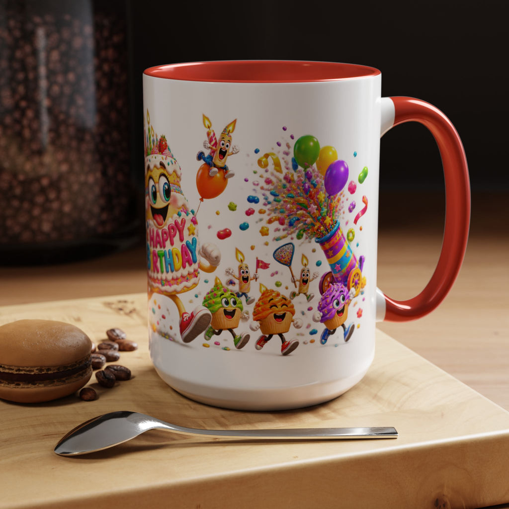 Birthday Party Coffee Mug – Colorful Happy Birthday Cake & Balloon Design (11/15oz Accent Mug)