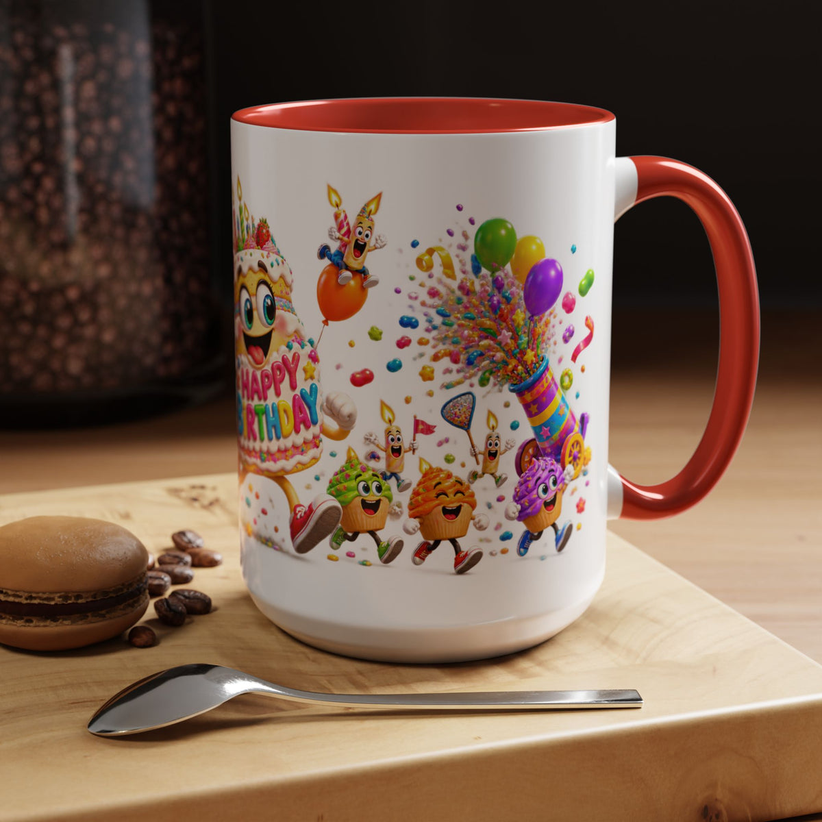 Birthday Party Coffee Mug – Colorful Happy Birthday Cake & Balloon Design (11/15oz Accent Mug)