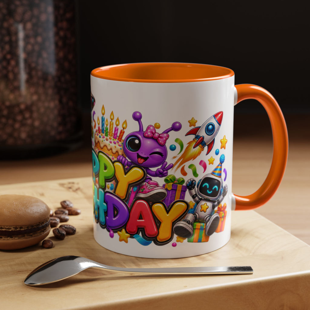 Happy Birthday Space Party Mug – Cute Aliens, Robots, UFO & Colorful 3D Birthday Design