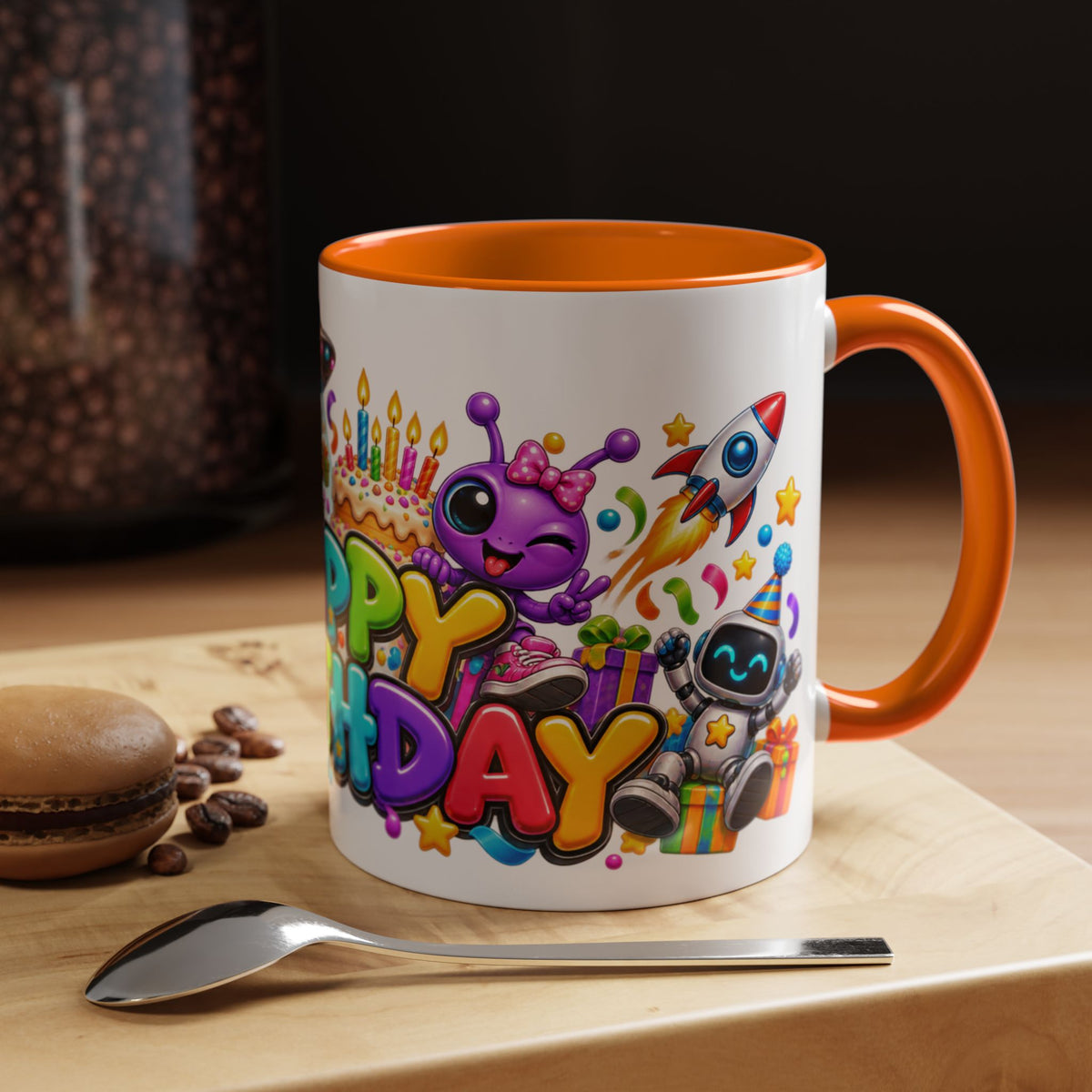 Happy Birthday Space Party Mug – Cute Aliens, Robots, UFO & Colorful 3D Birthday Design