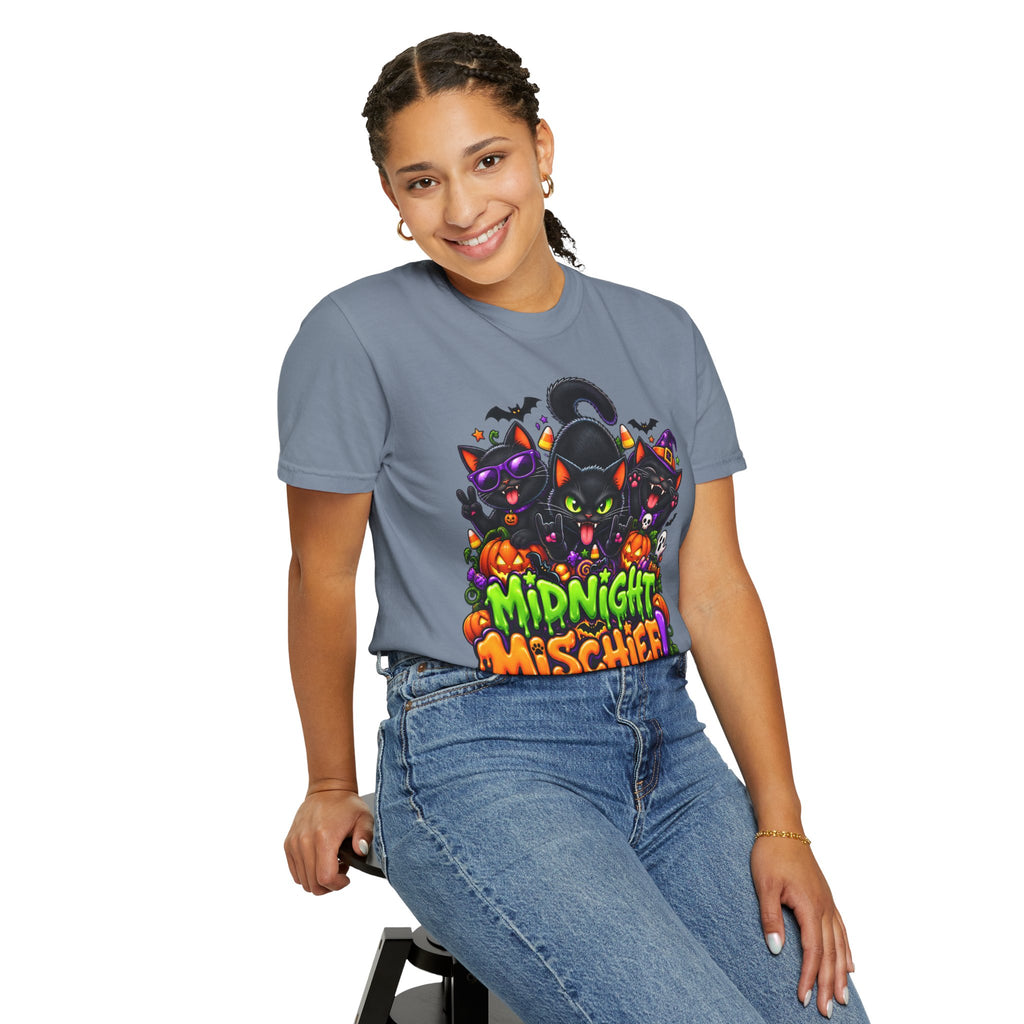 Midnight Mischief Halloween T-Shirt – Funny Black Cat Graphic Tee