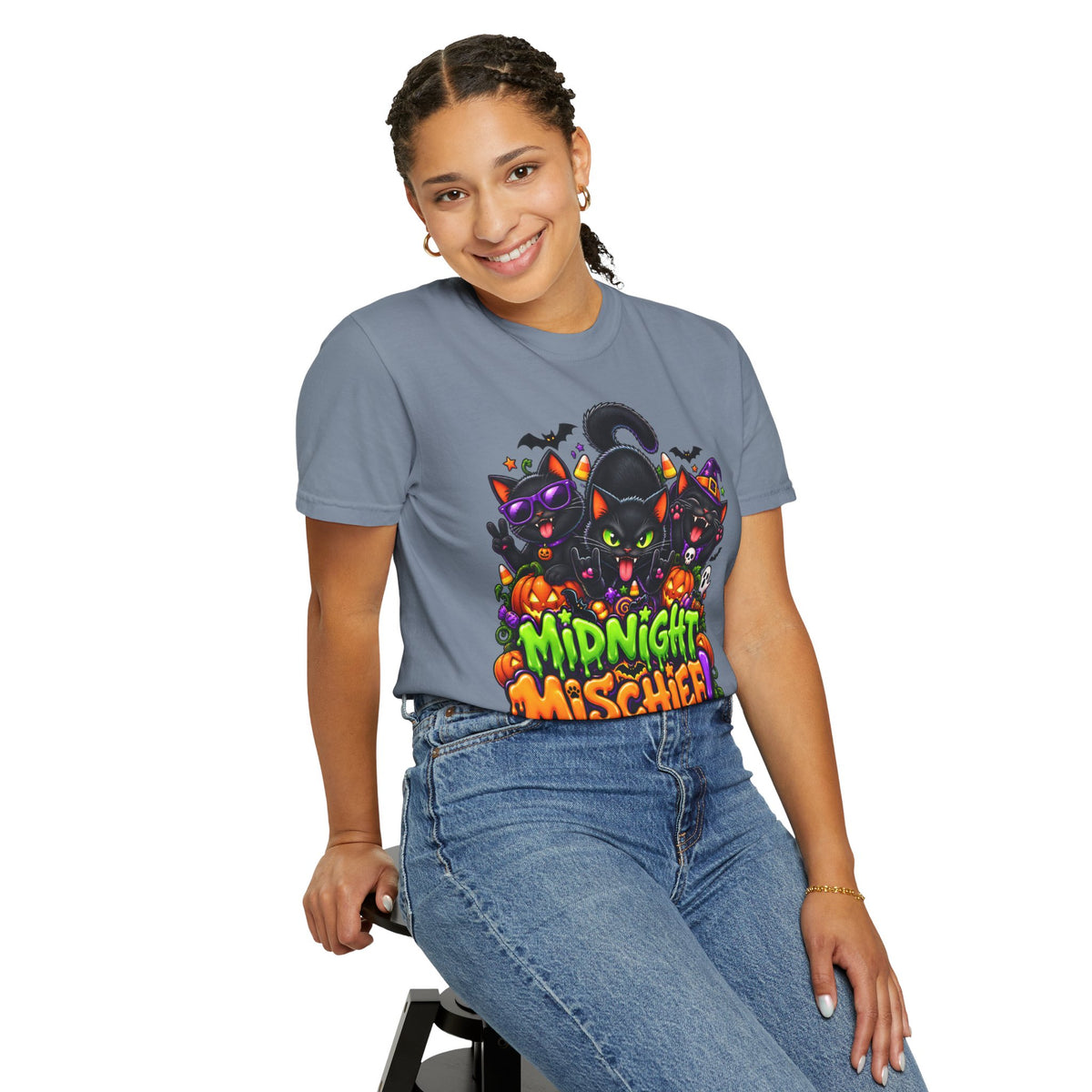 Midnight Mischief Halloween T-Shirt – Funny Black Cat Graphic Tee
