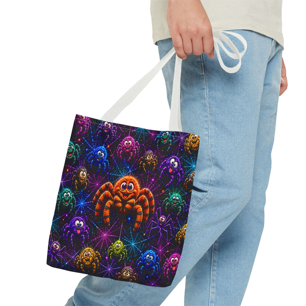 Colorful Crazy Spiders Halloween Tote Bag – Cute 3D Spider Web Pattern