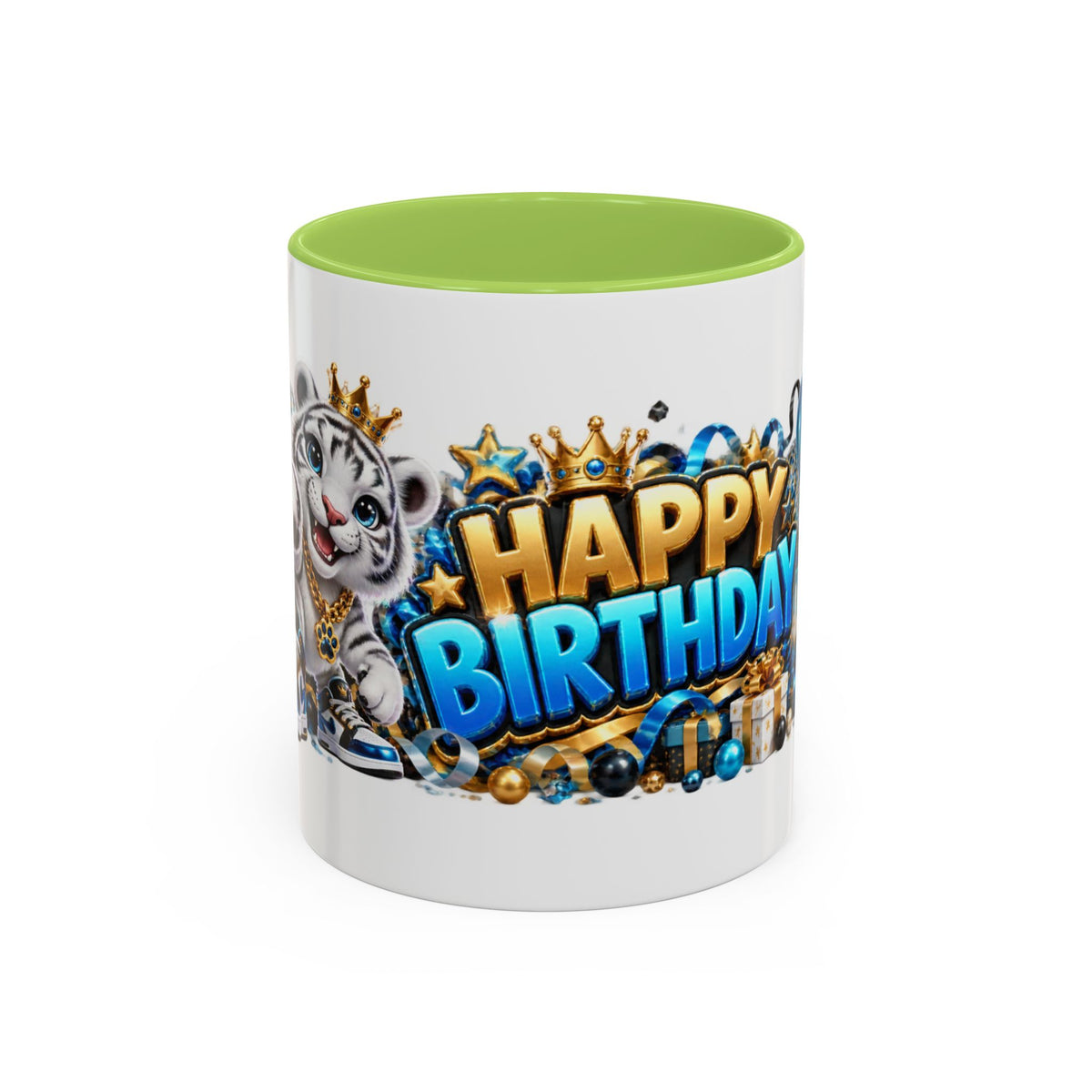 Happy Birthday White Tiger Mug – Colorful 3D Birthday Gift – White Coffee Mug