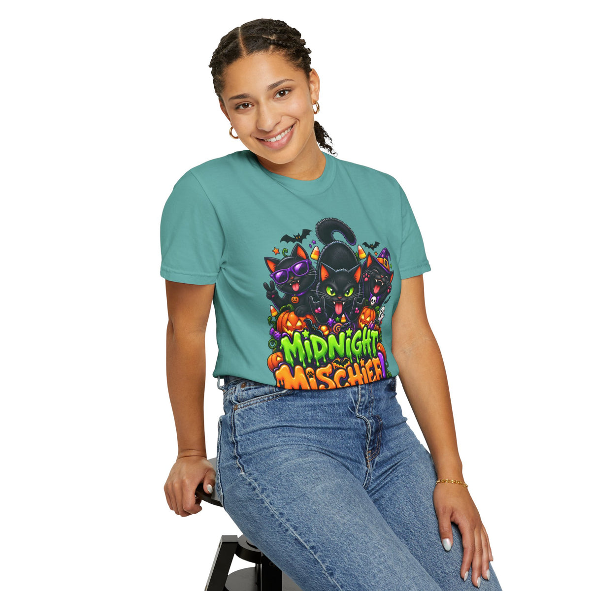 Midnight Mischief Halloween T-Shirt – Funny Black Cat Graphic Tee