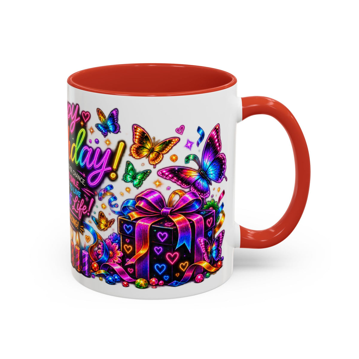 Birthday Coffee Mug – Colorful "Happy Birthday" Gift Mug with Butterflies & Candles