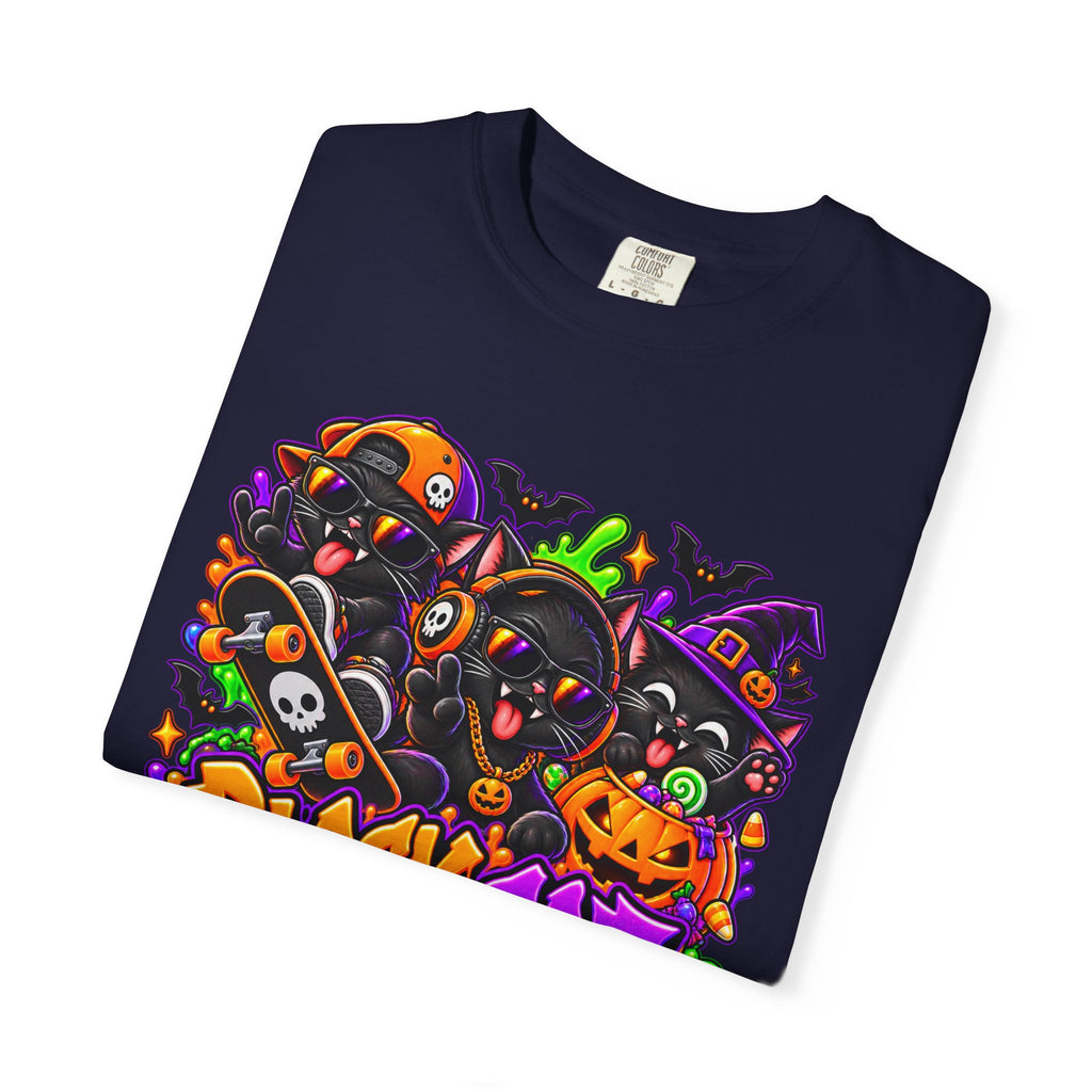 Neon Black Cat Halloween Chaos T-Shirt | Cute Spooky Cat Graphic Tee