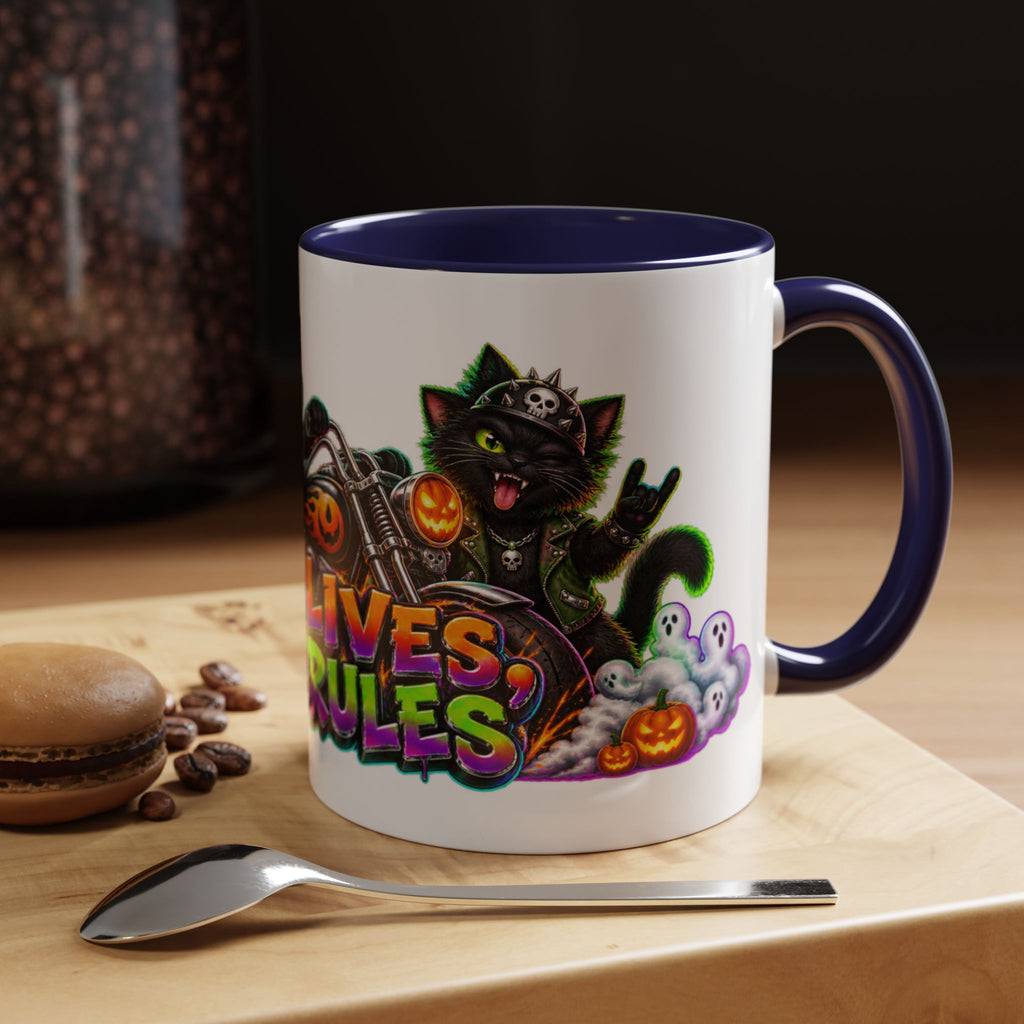 Nine Lives Zero Rules Biker Cats Halloween White Mug