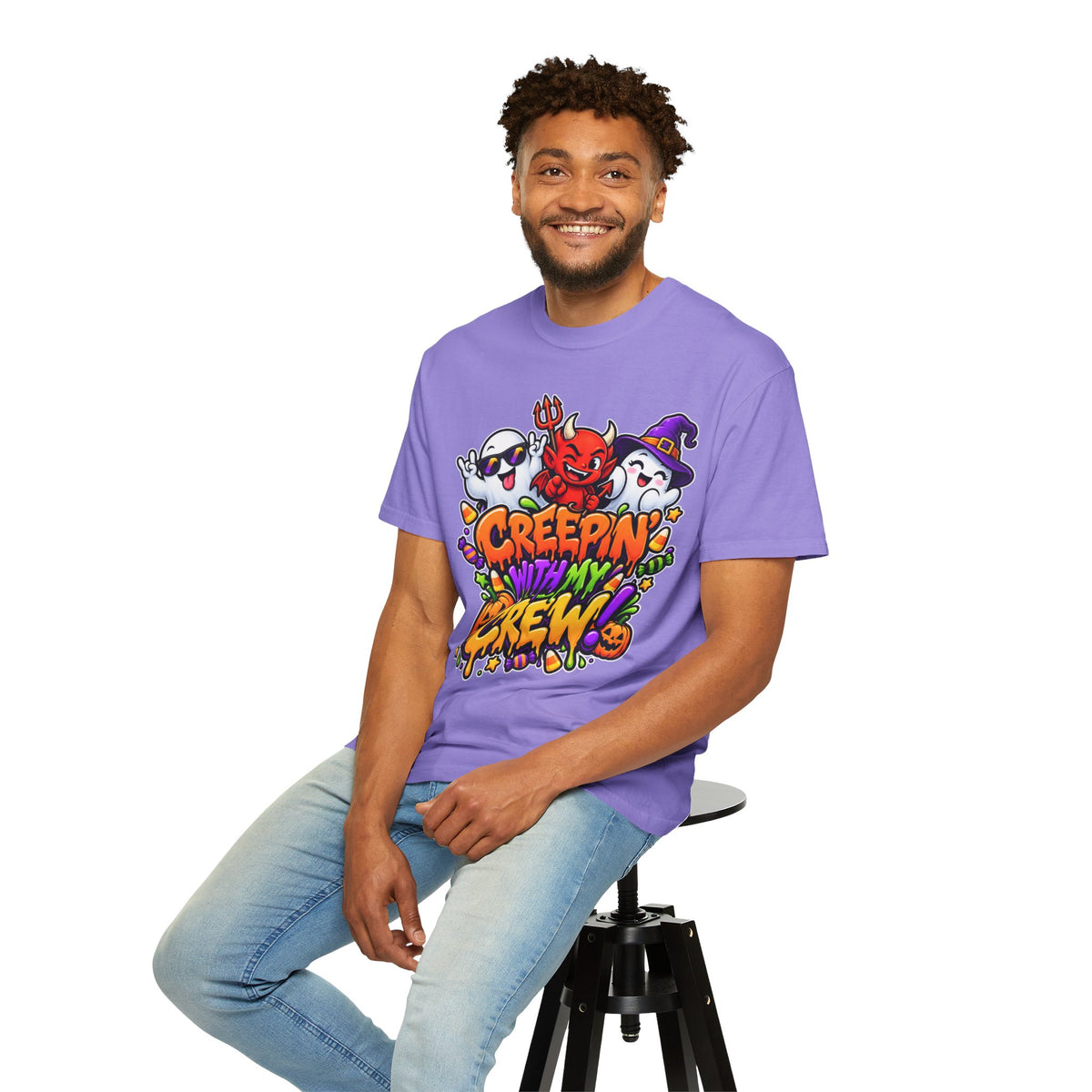 Creepin’ With My Crew Halloween T-Shirt – Colorful Funny Ghost & Devil Graphic Tee