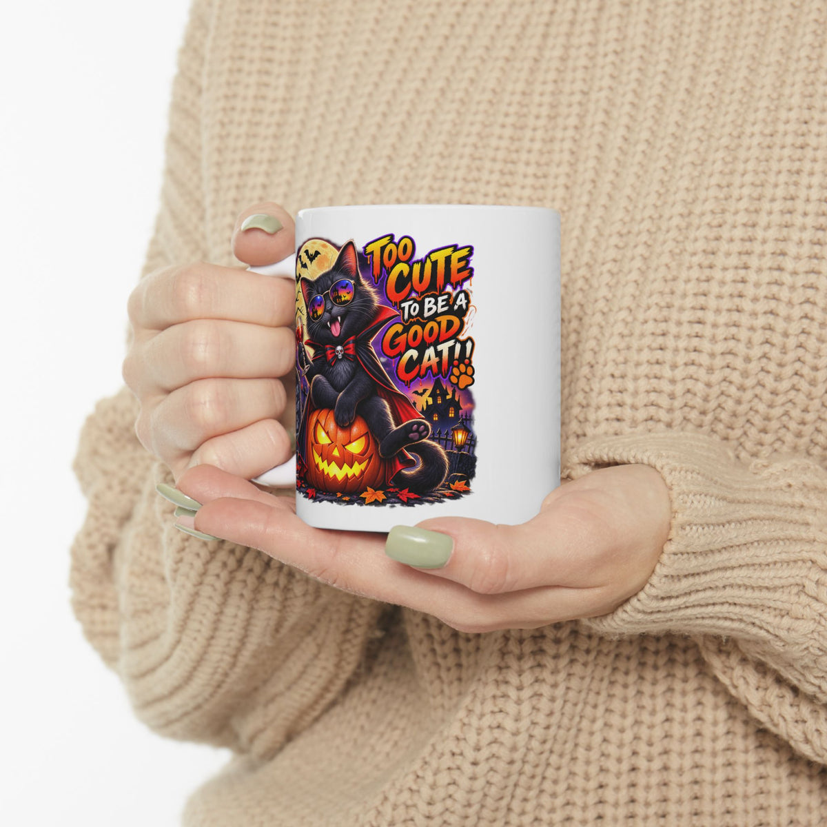 Halloween Cat Mug - “Too Cute to Be a Good Cat” Ceramic Coffee Cup (11oz/15oz)