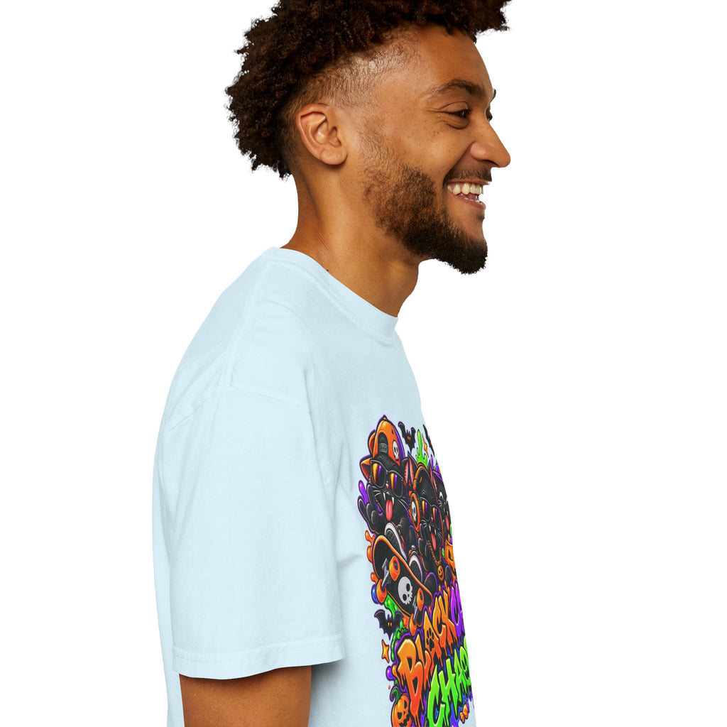 Neon Black Cat Halloween Chaos T-Shirt | Cute Spooky Cat Graphic Tee
