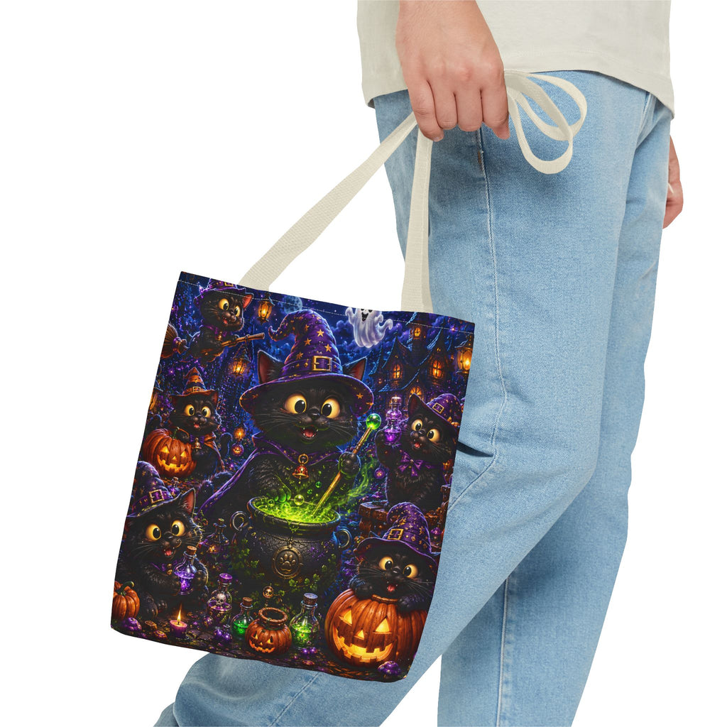 Halloween Black Cat Witches Tote Bag — Cute 3D Cats, Cauldron & Pumpkins Design