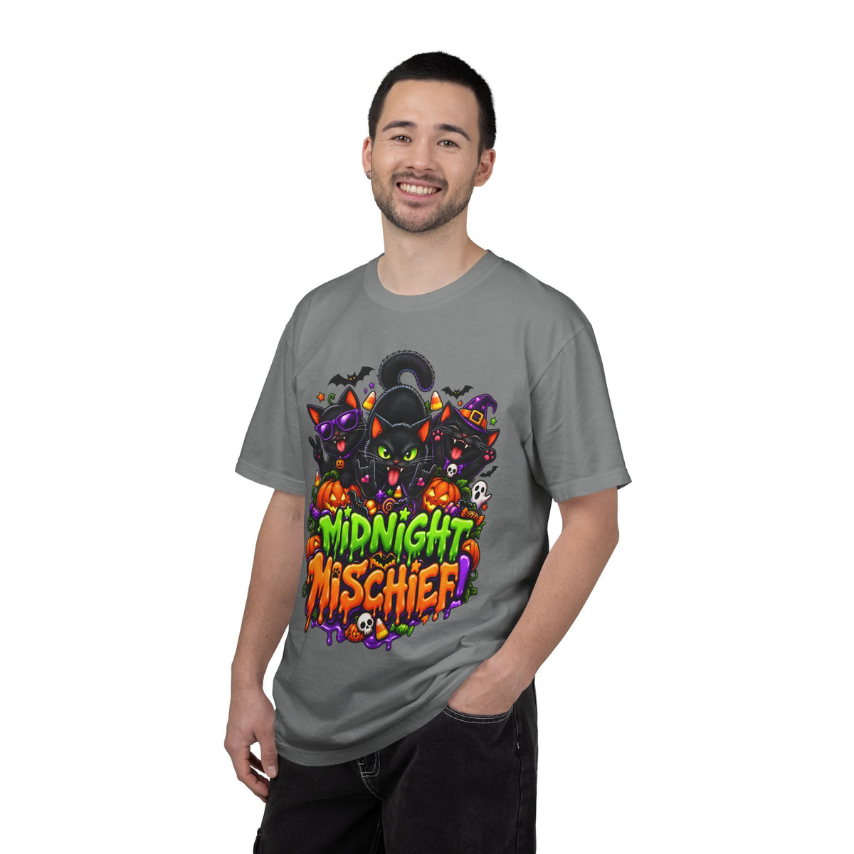 Midnight Mischief Halloween T-Shirt – Funny Black Cat Graphic Tee