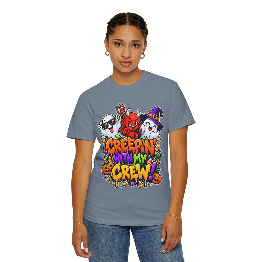 Creepin’ With My Crew Halloween T-Shirt – Colorful Funny Ghost & Devil Graphic Tee