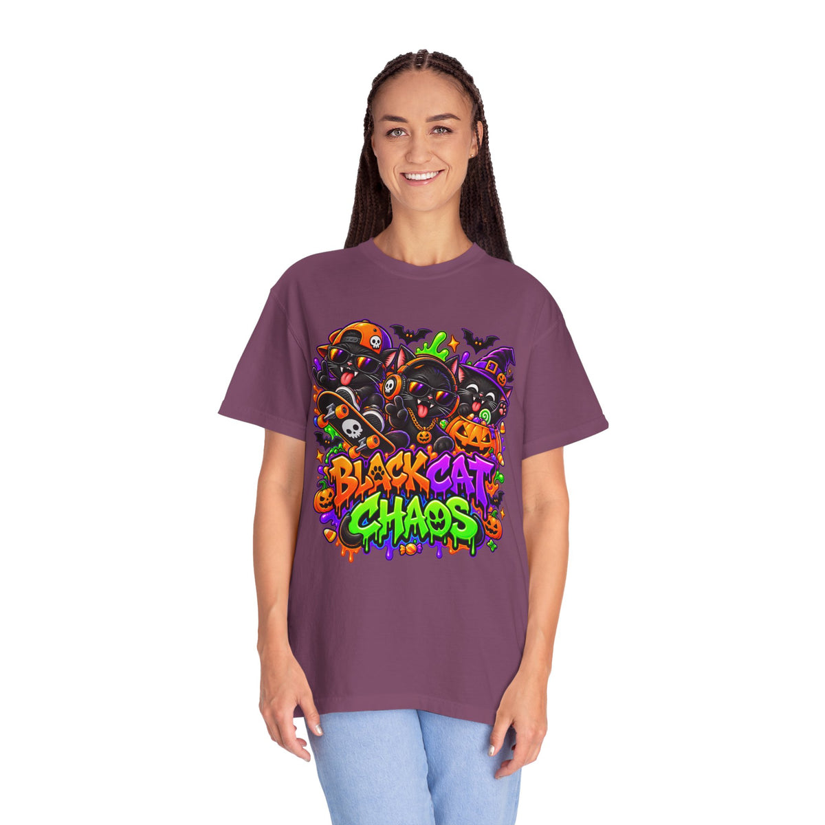 Neon Black Cat Halloween Chaos T-Shirt | Cute Spooky Cat Graphic Tee