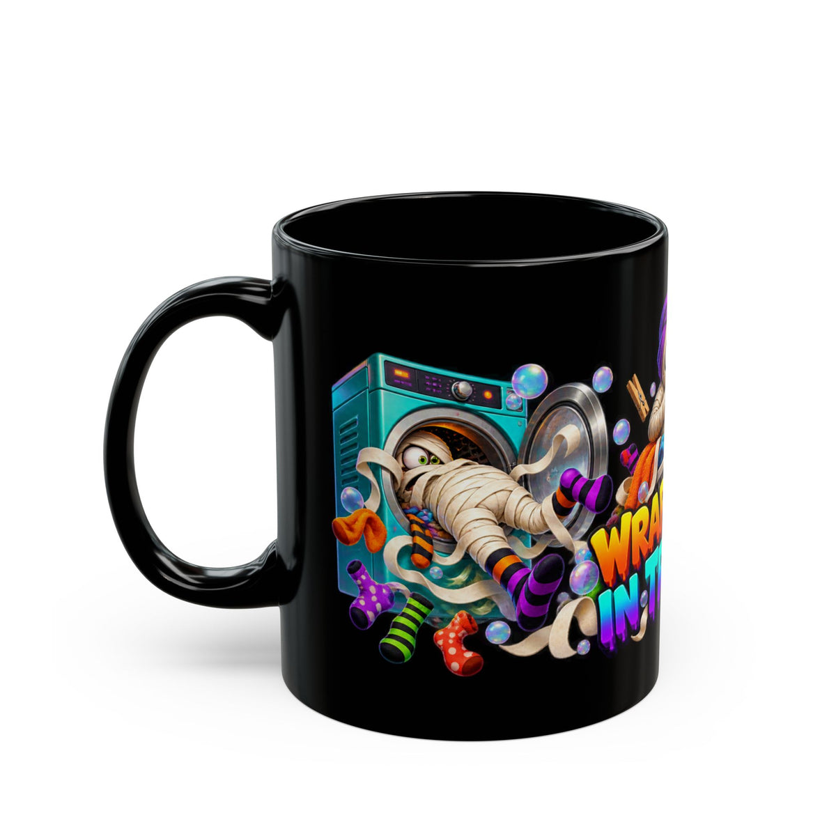 Wrapped Up in Trouble Mummy Halloween Black Mug