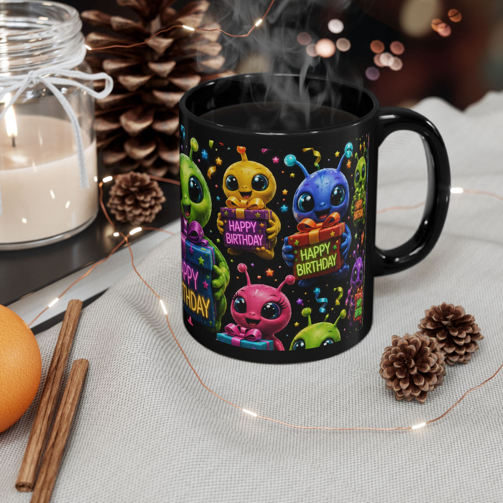 Happy Birthday Alien Mug — Cute Colorful Black Birthday Coffee Cup