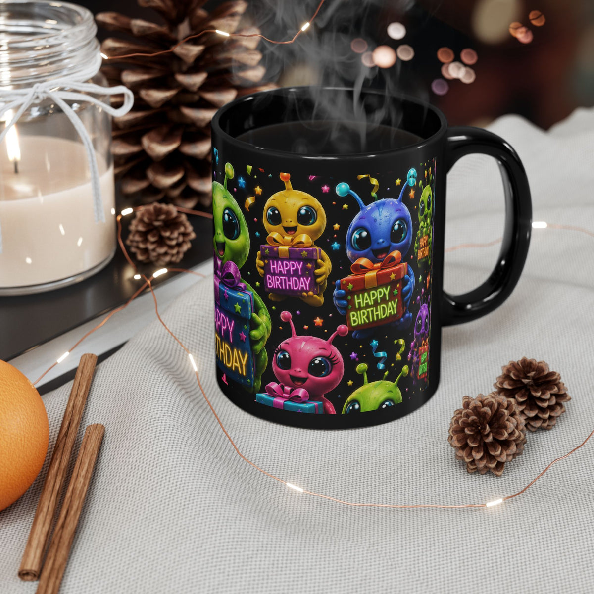 Happy Birthday Alien Mug — Cute Colorful Black Birthday Coffee Cup