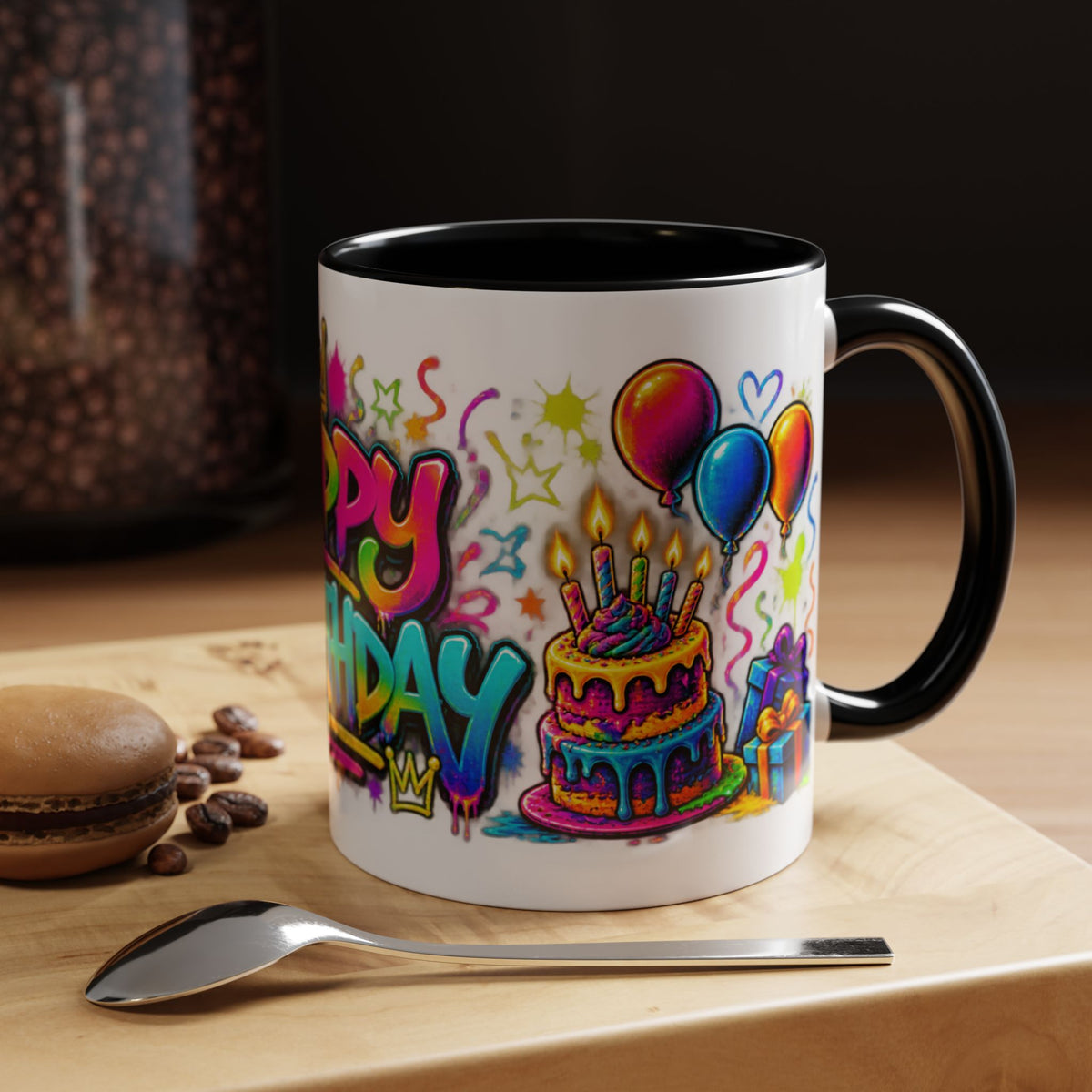 Happy Birthday Accent Coffee Mug – Colorful Graffiti Cake & Balloons (11/15oz)