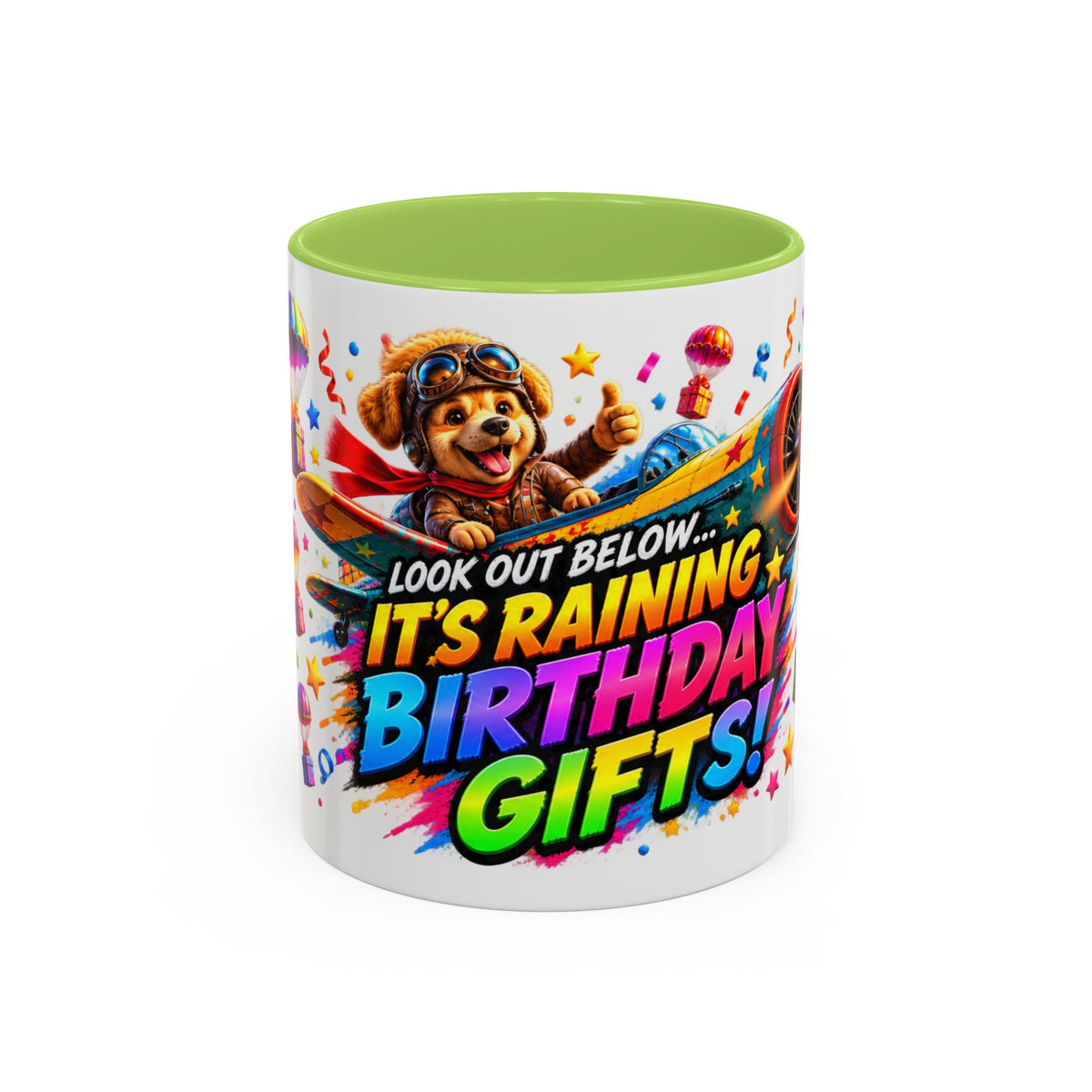 Birthday Gifts Coffee Mug — "It's Raining Birthday Gifts!" Colorful Accent Mug