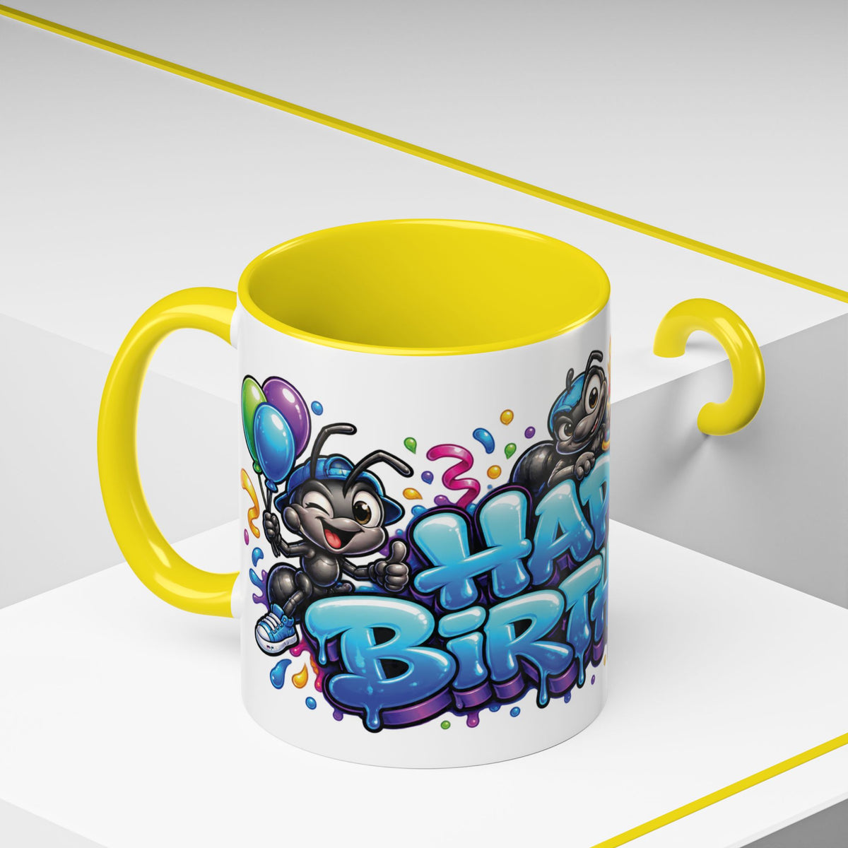 Happy Birthday Cartoon Mug – Graffiti Ants, Birthday Cake, Balloons & Confetti Coffee Cup