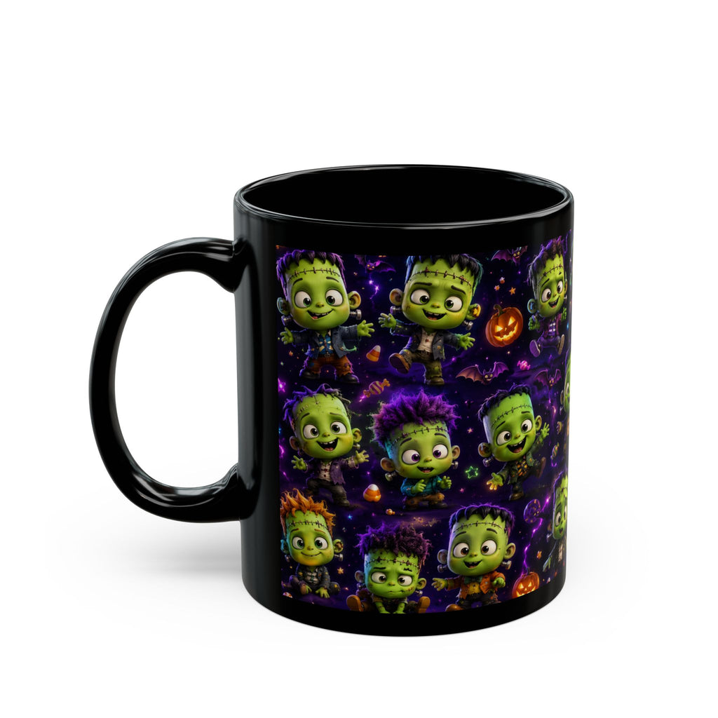 Cute Frankenstein Halloween Mug — Black Ceramic Coffee Cup with Cartoon Monsters & Pumpkins (11oz/15oz)